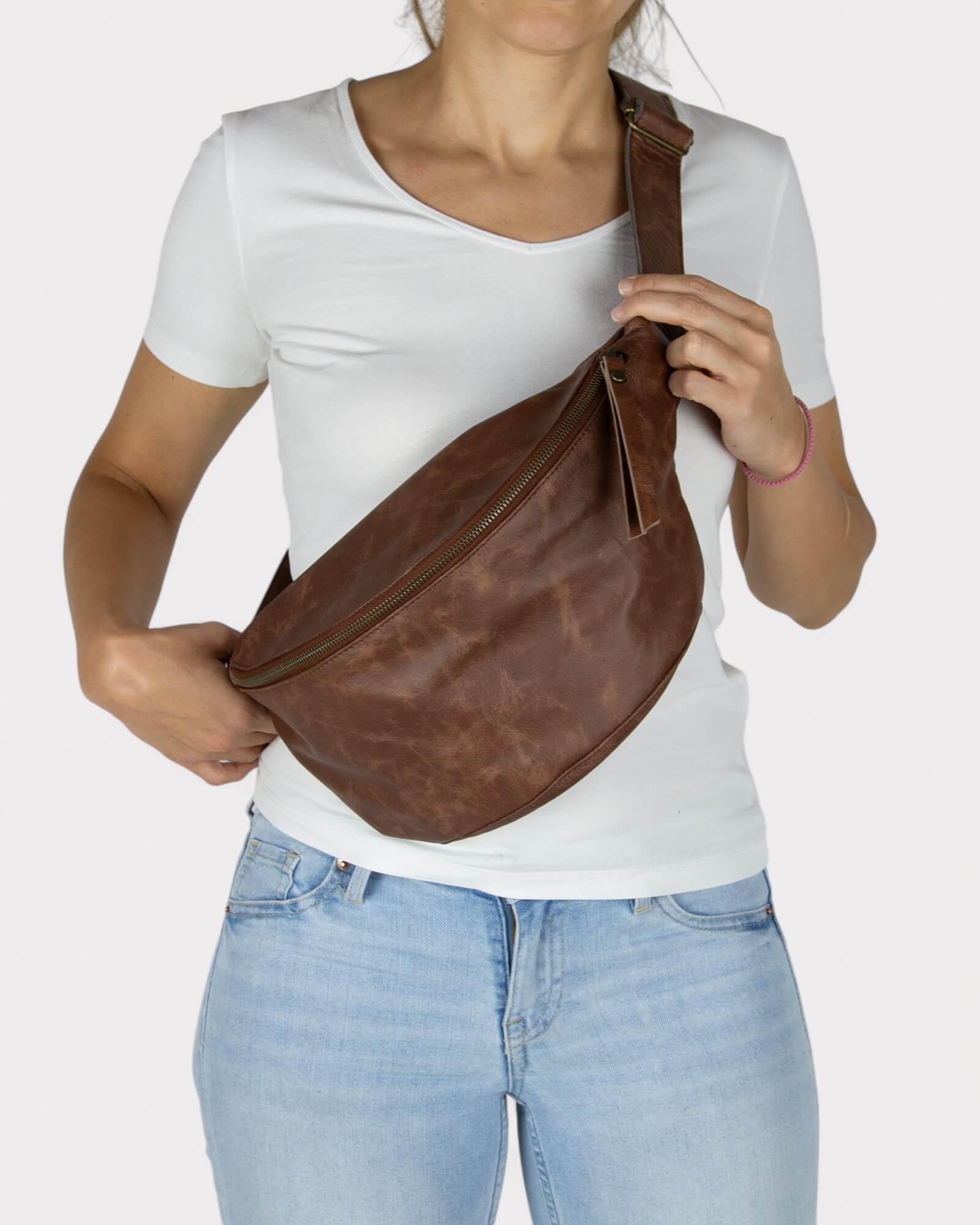 Medium Brown Distressed Leather Sling Bag - Unisex Fanny Pack