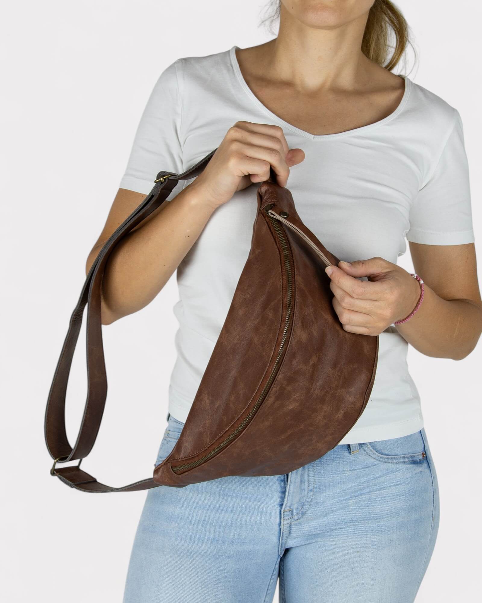 Medium Brown Distressed Leather Sling Bag - Unisex Fanny Pack