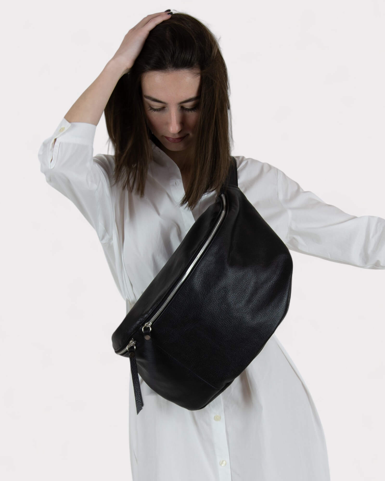 Grand sac bandoulière en cuir noir - Sac banane surdimensionné