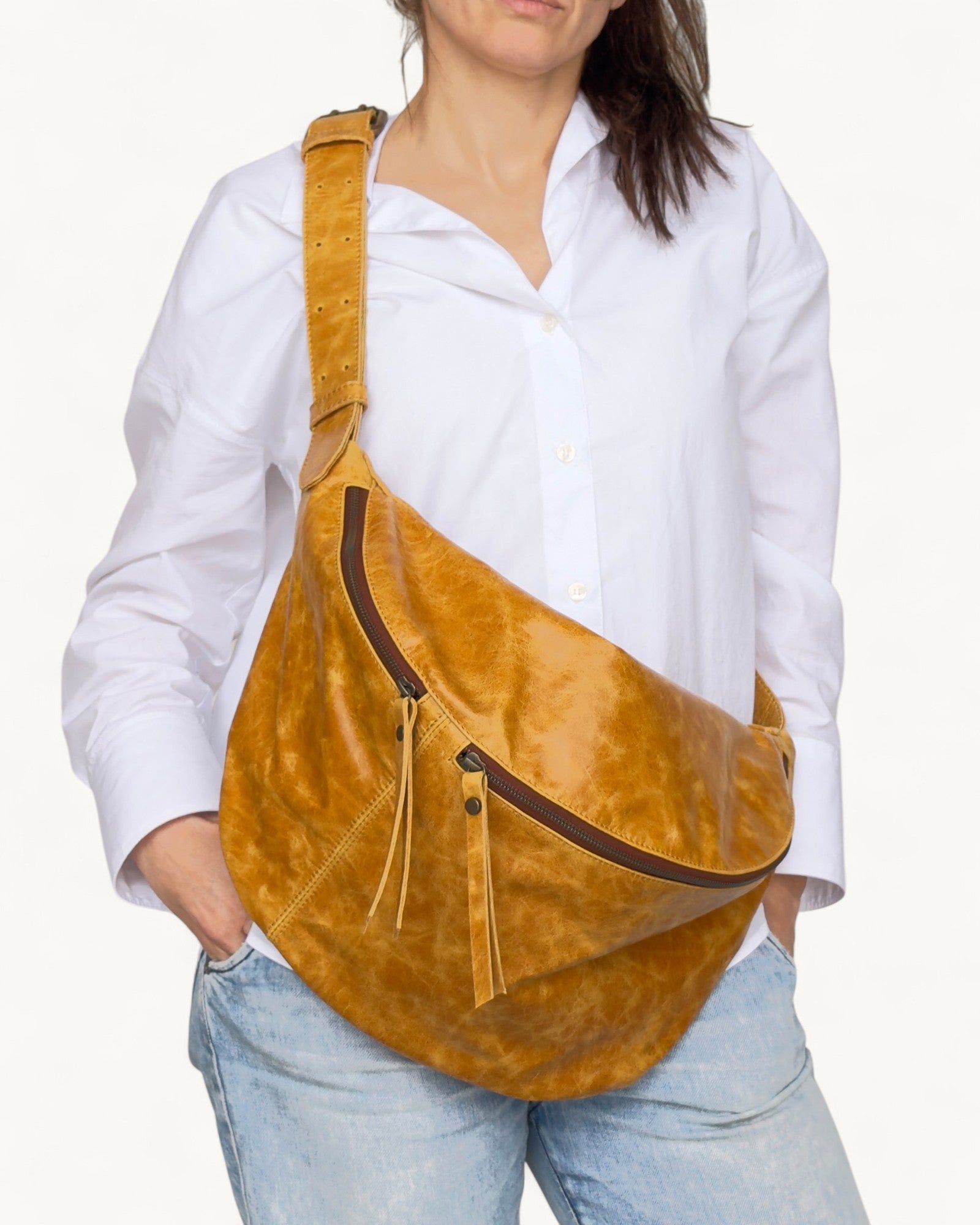 distressed leather sling backpack Distressed Tan Leather Sling Bag – Oversized Fanny Pack