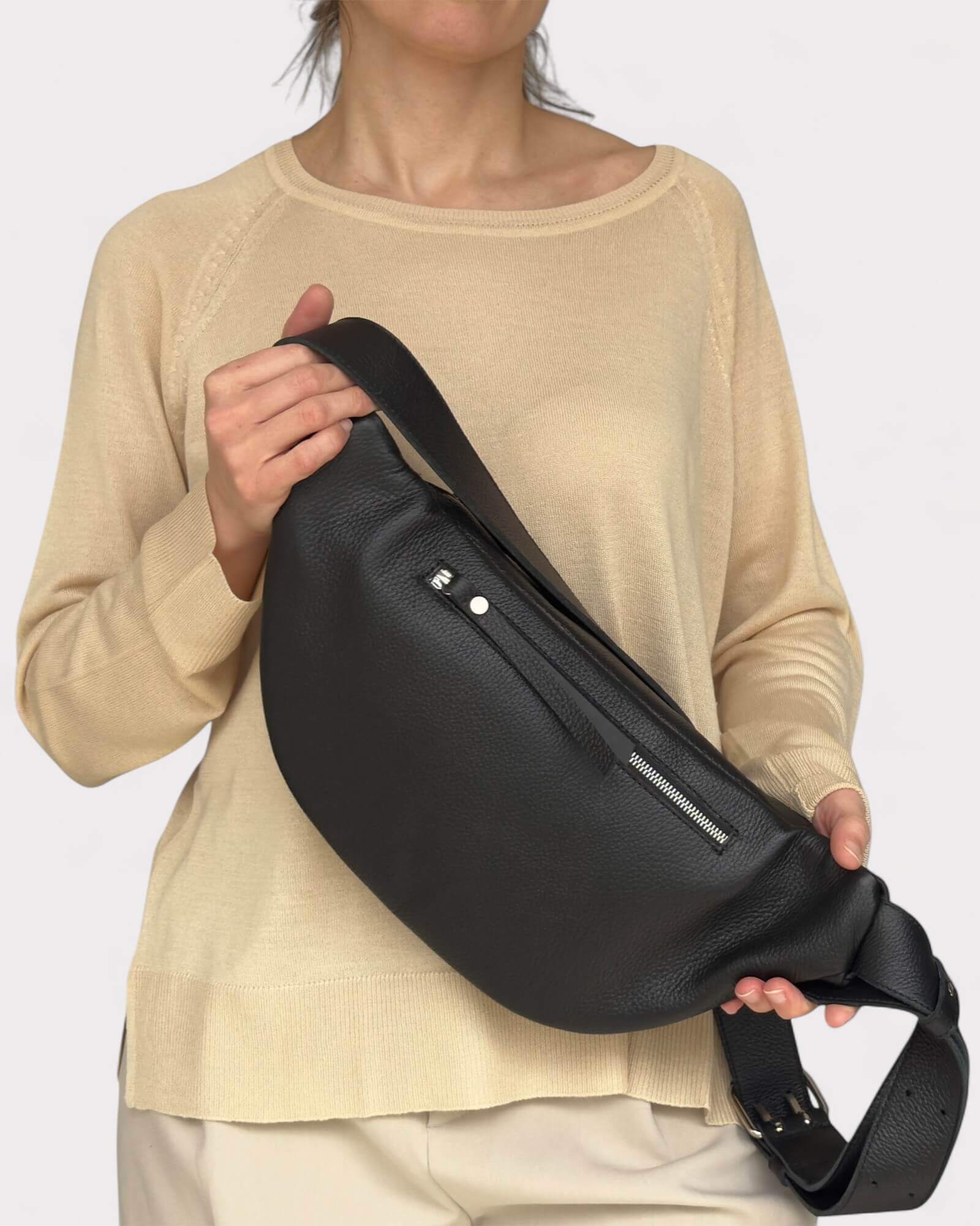 Medium Black Leather Sling Bag - Slouchy Crossbody Fanny Pack