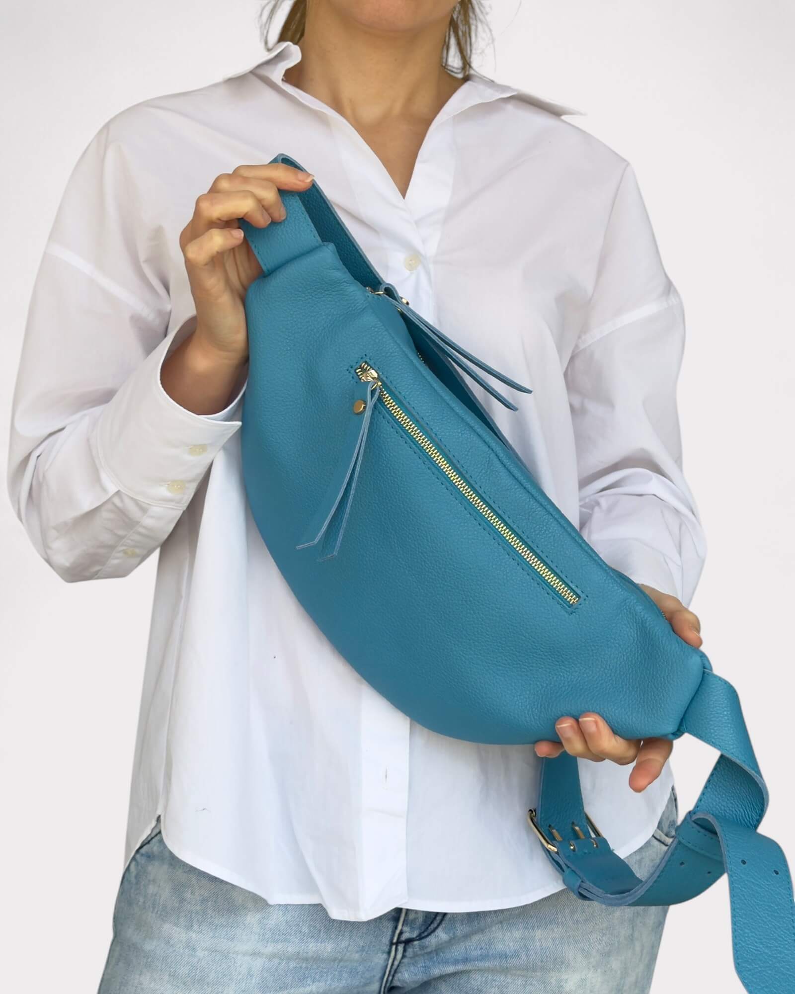 Medium Blue Leather Sling Bag - Slouchy Crossbody Fanny Pack