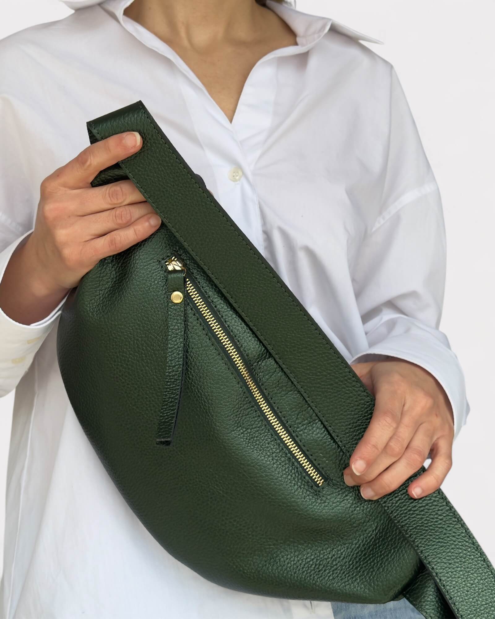 Metallic Green Leather Sling Bag - Soft Crossbody Fanny Pack