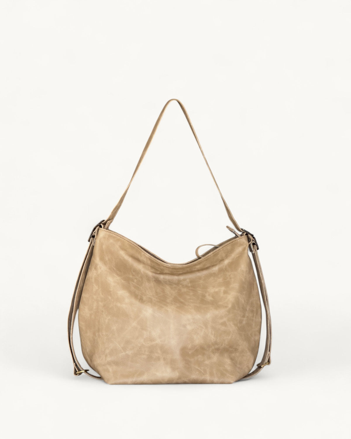 Beige Convertible Leather Hobo Bag – Shoulder, Backpack 