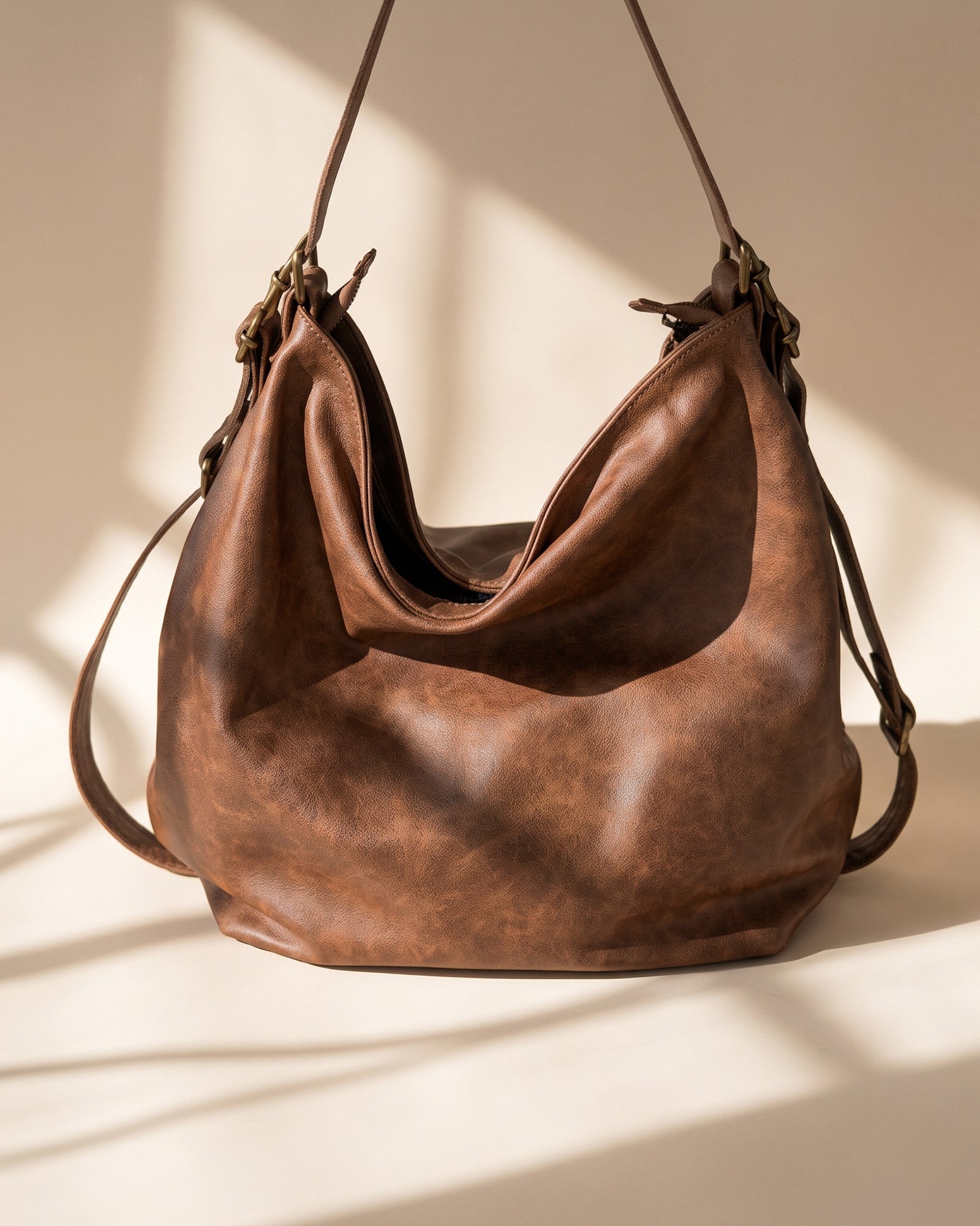 Brown Convertible Leather Hobo Bag – Shoulder, Backpack & Crossbody