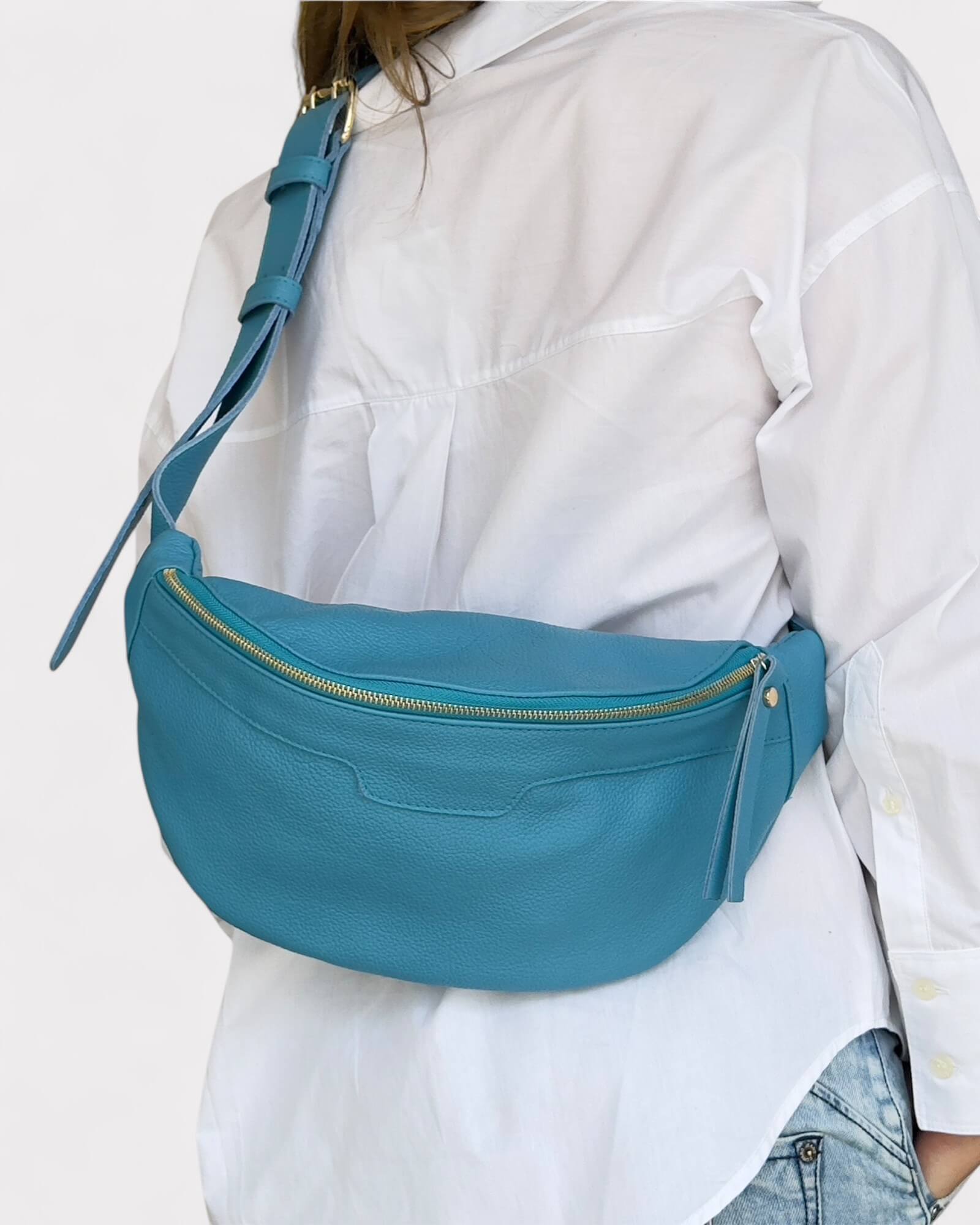 Medium Blue Leather Sling Bag - Slouchy Crossbody Fanny Pack