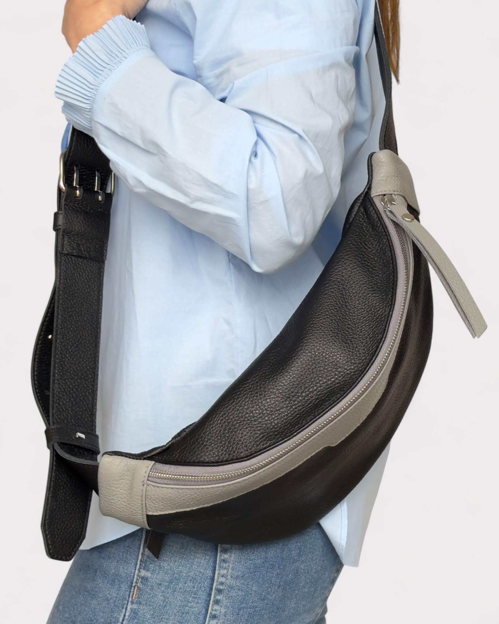 Black and Grey Leather Sling Bag - Soft Crossbody Fanny Pack