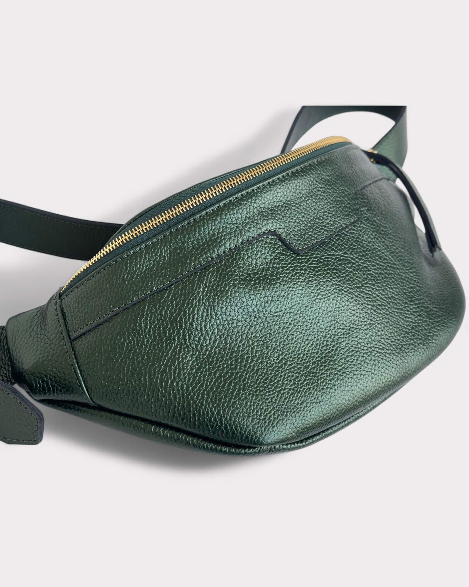 Metallic Green Leather Sling Bag - Soft Crossbody Fanny Pack