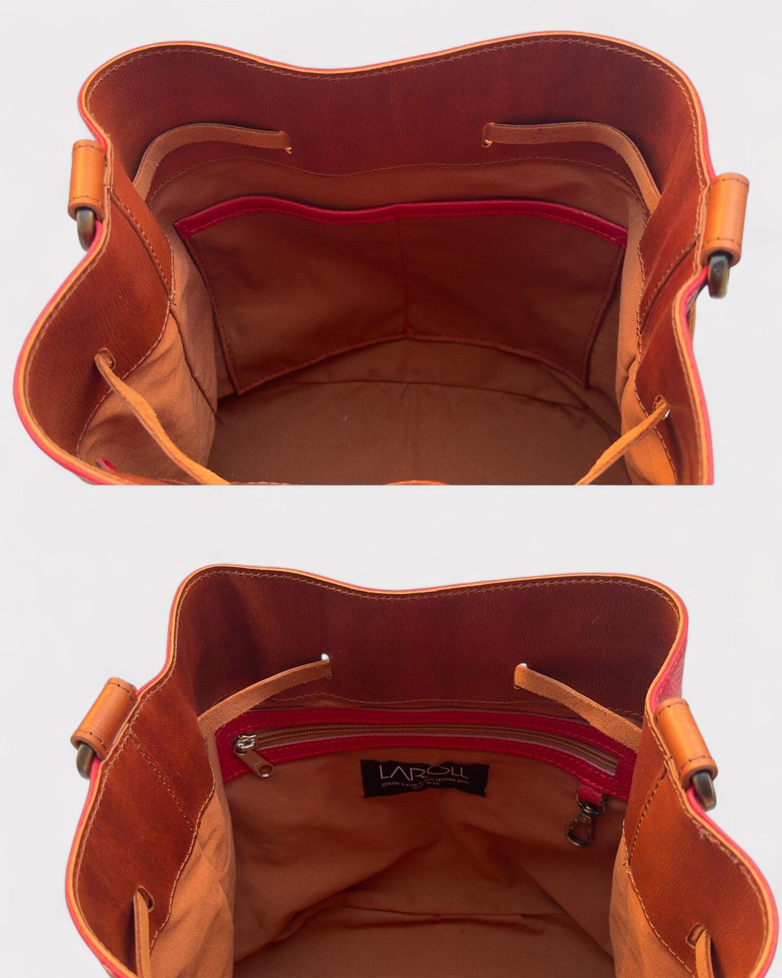 Red bucket leather handbag with visible brand logo on a white background