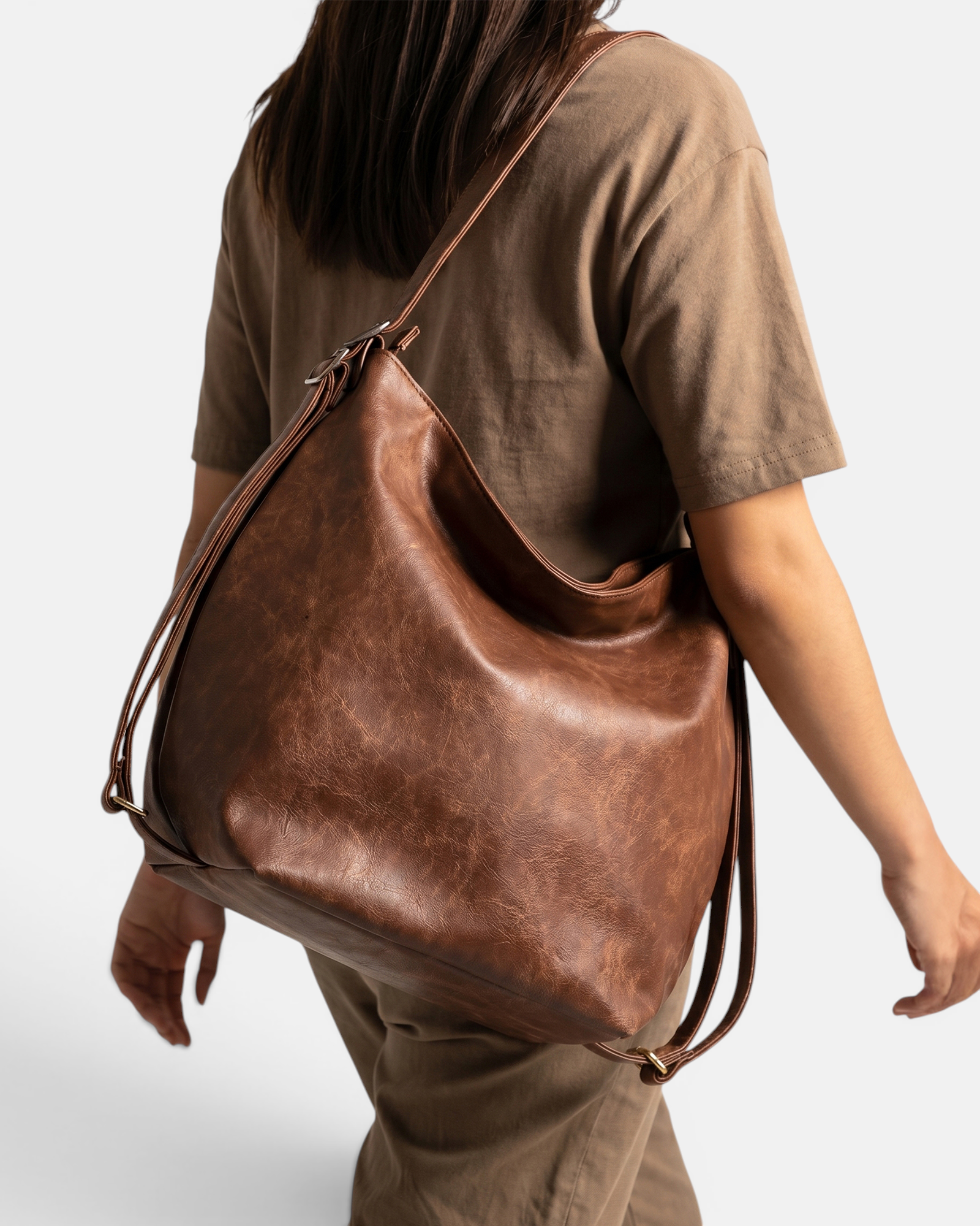 Brown Convertible Leather Hobo Bag – 3-in-1 Shoulder, Backpack & Crossbody