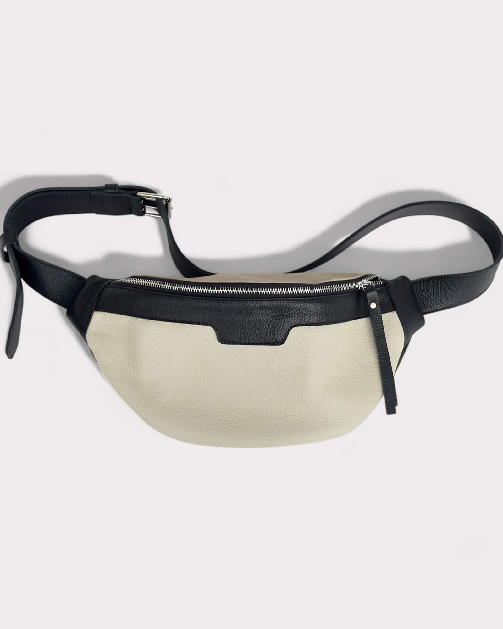 Black and White Leather Sling Bag - Soft Crossbody Fanny Pack