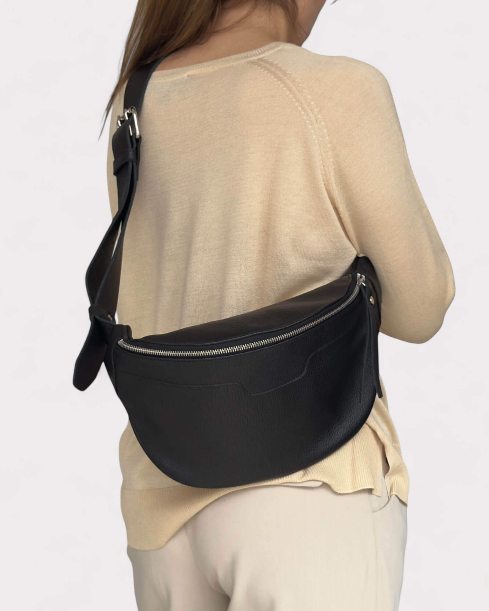 Medium Black Leather Sling Bag - Slouchy Crossbody Fanny Pack