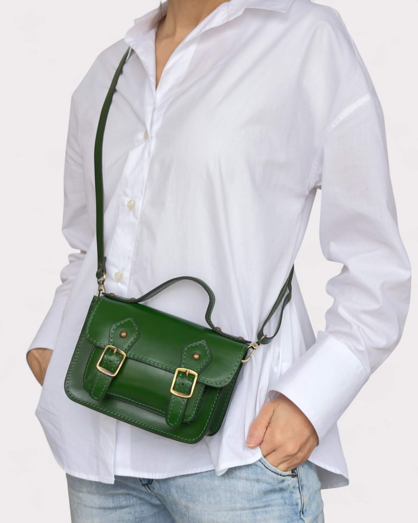 Mini Green Leather Satchel – Handmade Crossbody Bag