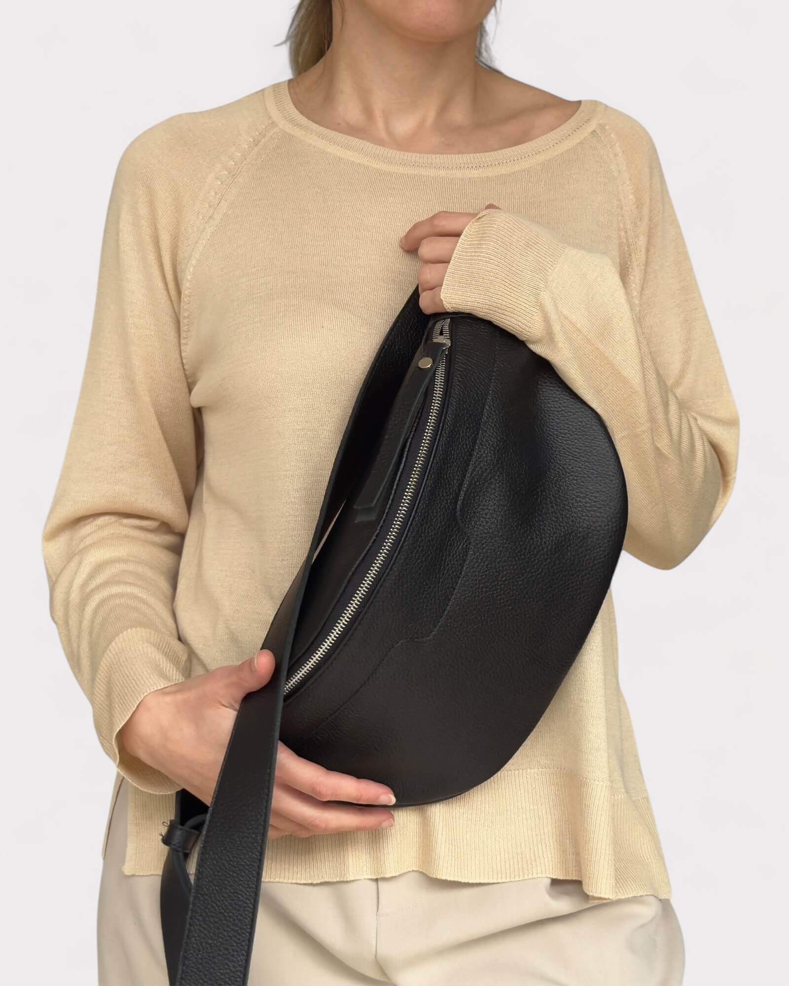 Medium Black Leather Sling Bag - Slouchy Crossbody Fanny Pack