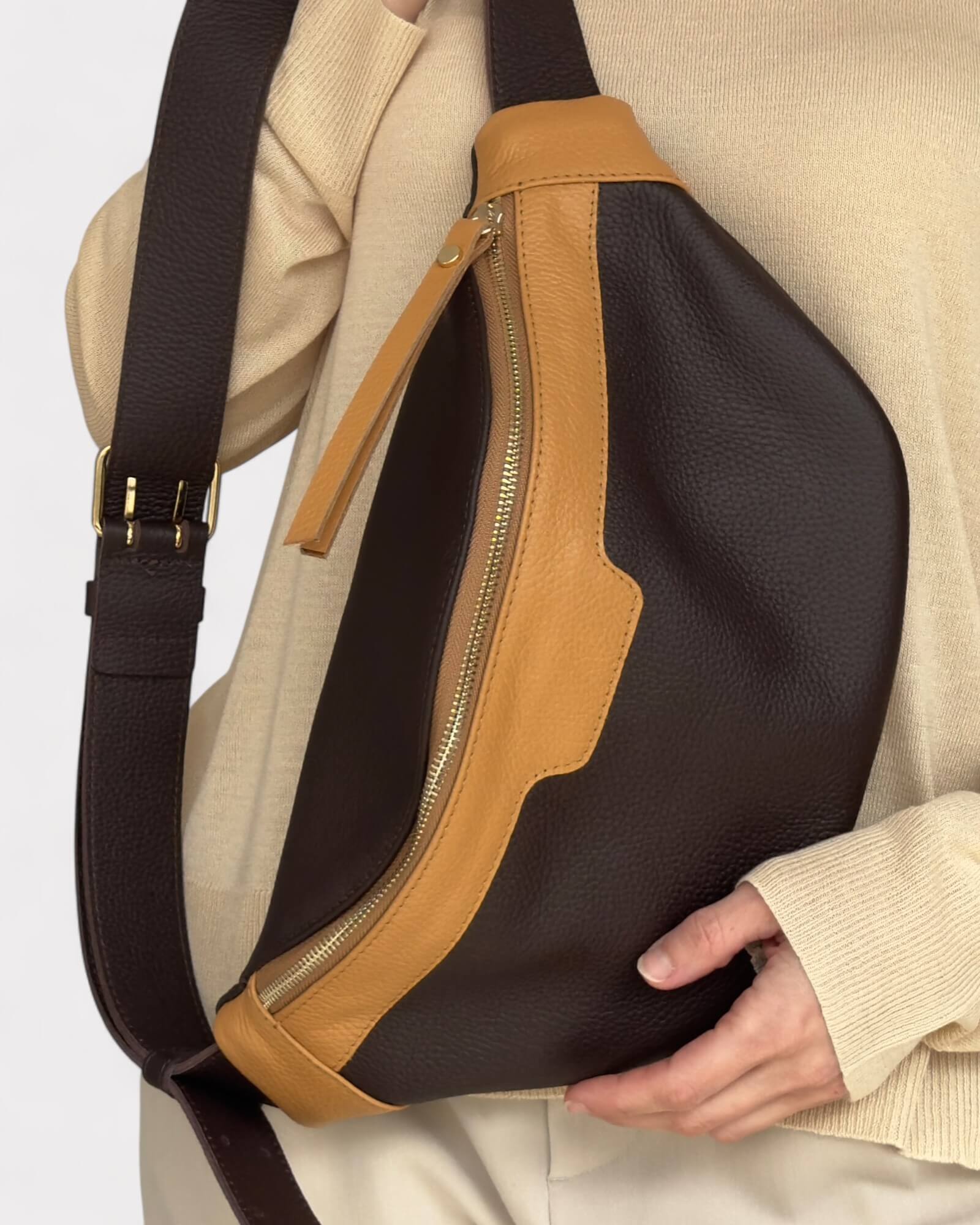 Brown and Tan Leather Sling Bag - Soft Crossbody Fanny Pack