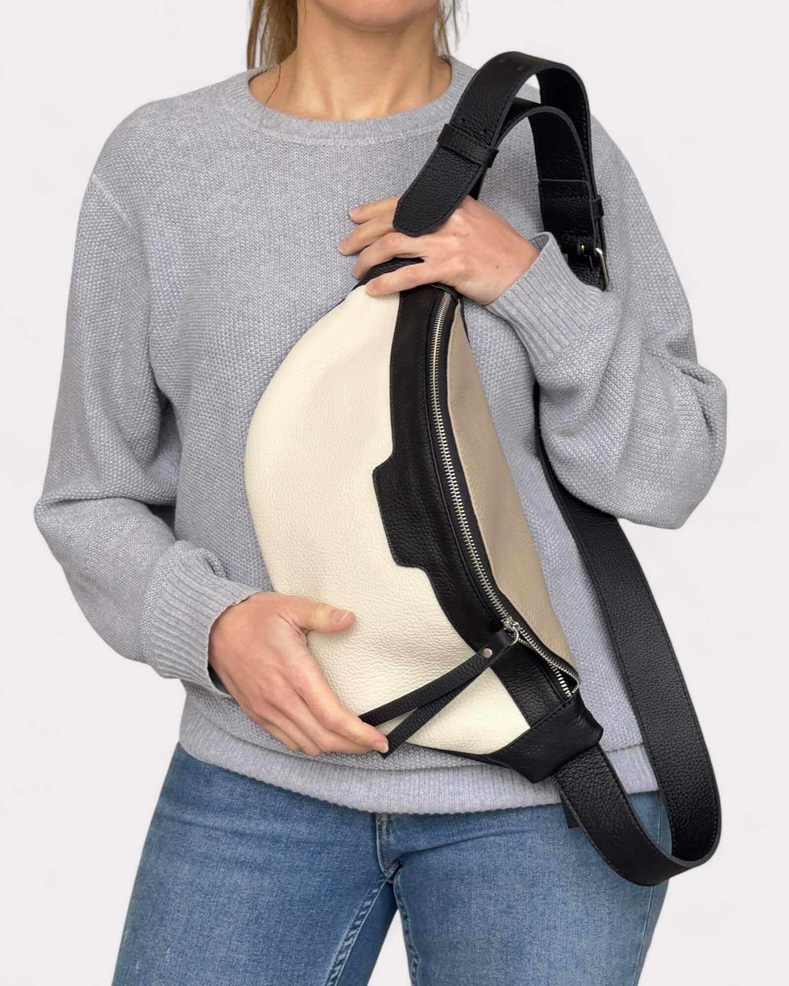 Black and White Leather Sling Bag - Soft Crossbody Fanny Pack