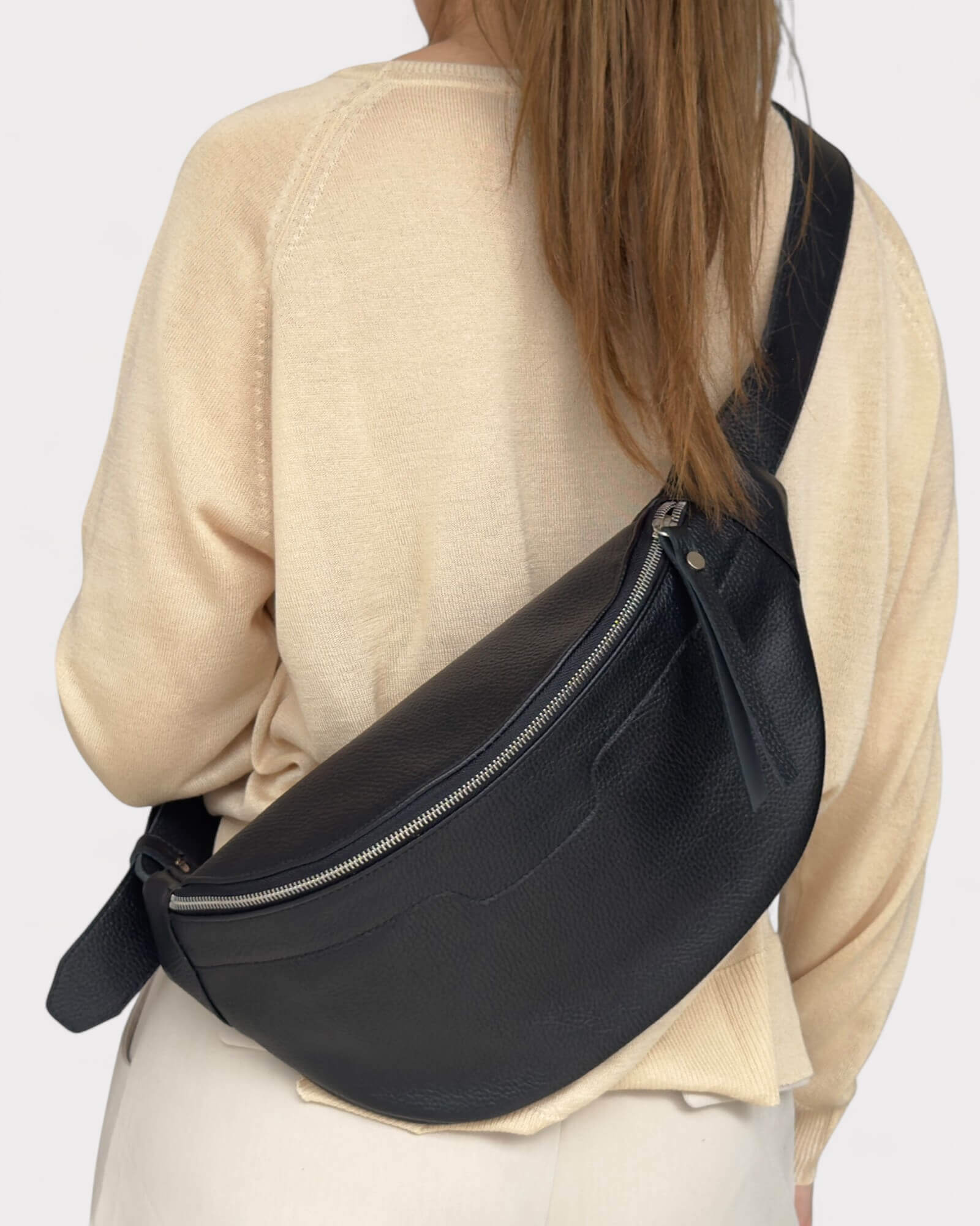 Medium Black Leather Sling Bag - Slouchy Crossbody Fanny Pack
