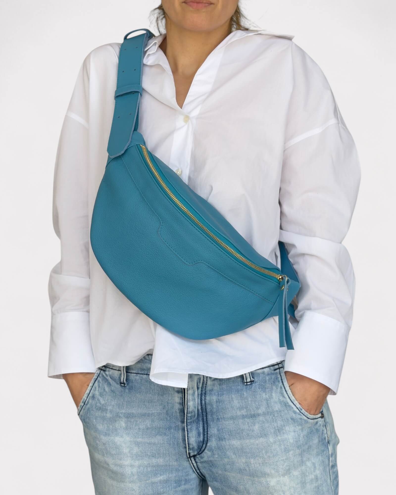 Medium Blue Leather Sling Bag - Slouchy Crossbody Fanny Pack