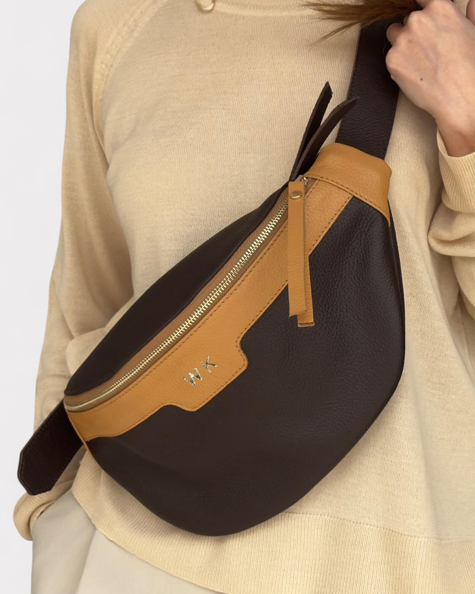 Brown and Tan Leather Sling Bag - Soft Crossbody Fanny Pack