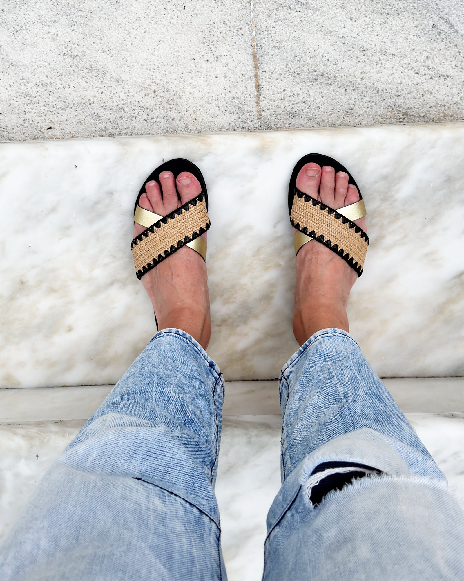 Noma Raffia Slides with Gold Metallic Leather