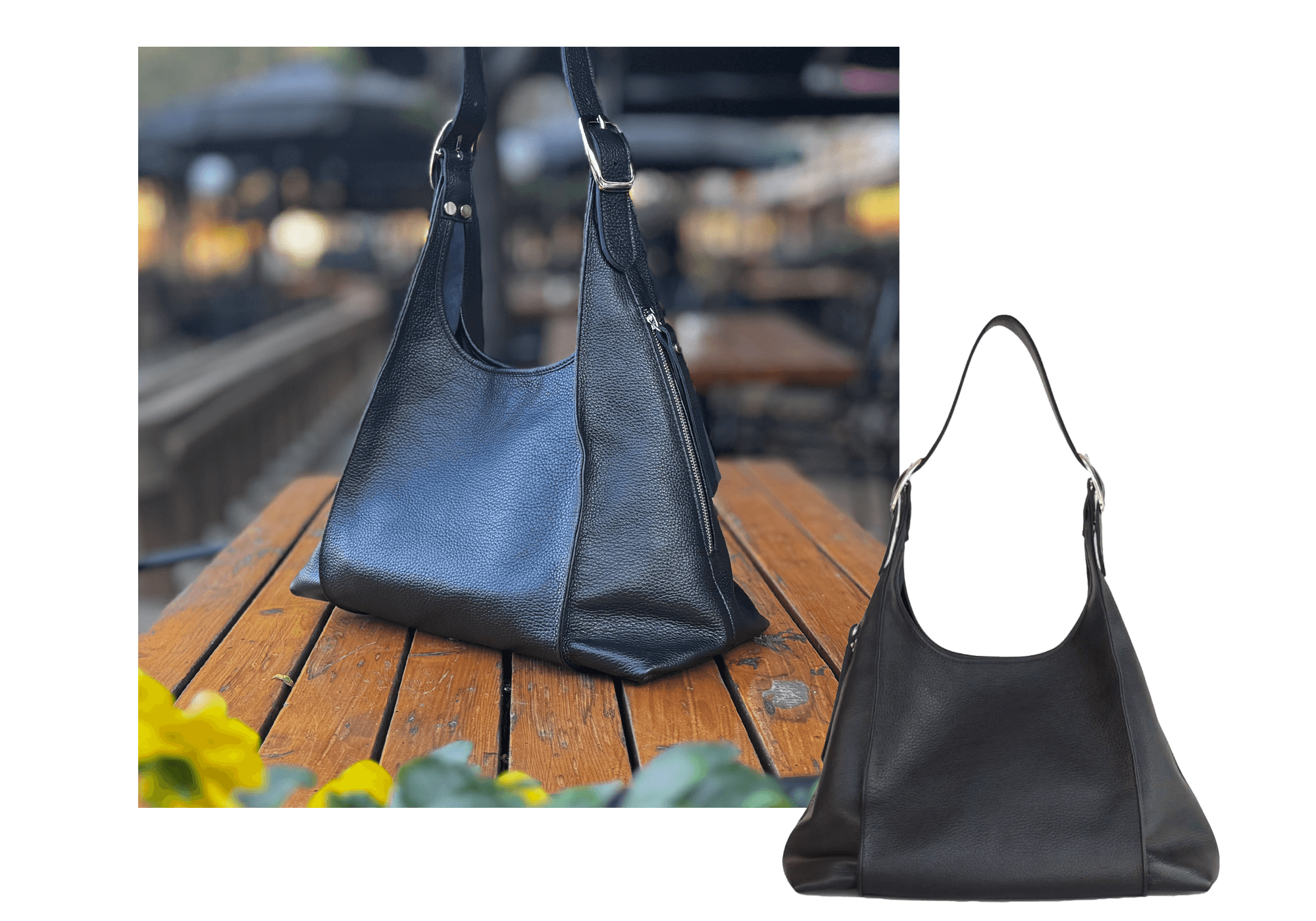 Black handbag on a wooden table with a blurred background