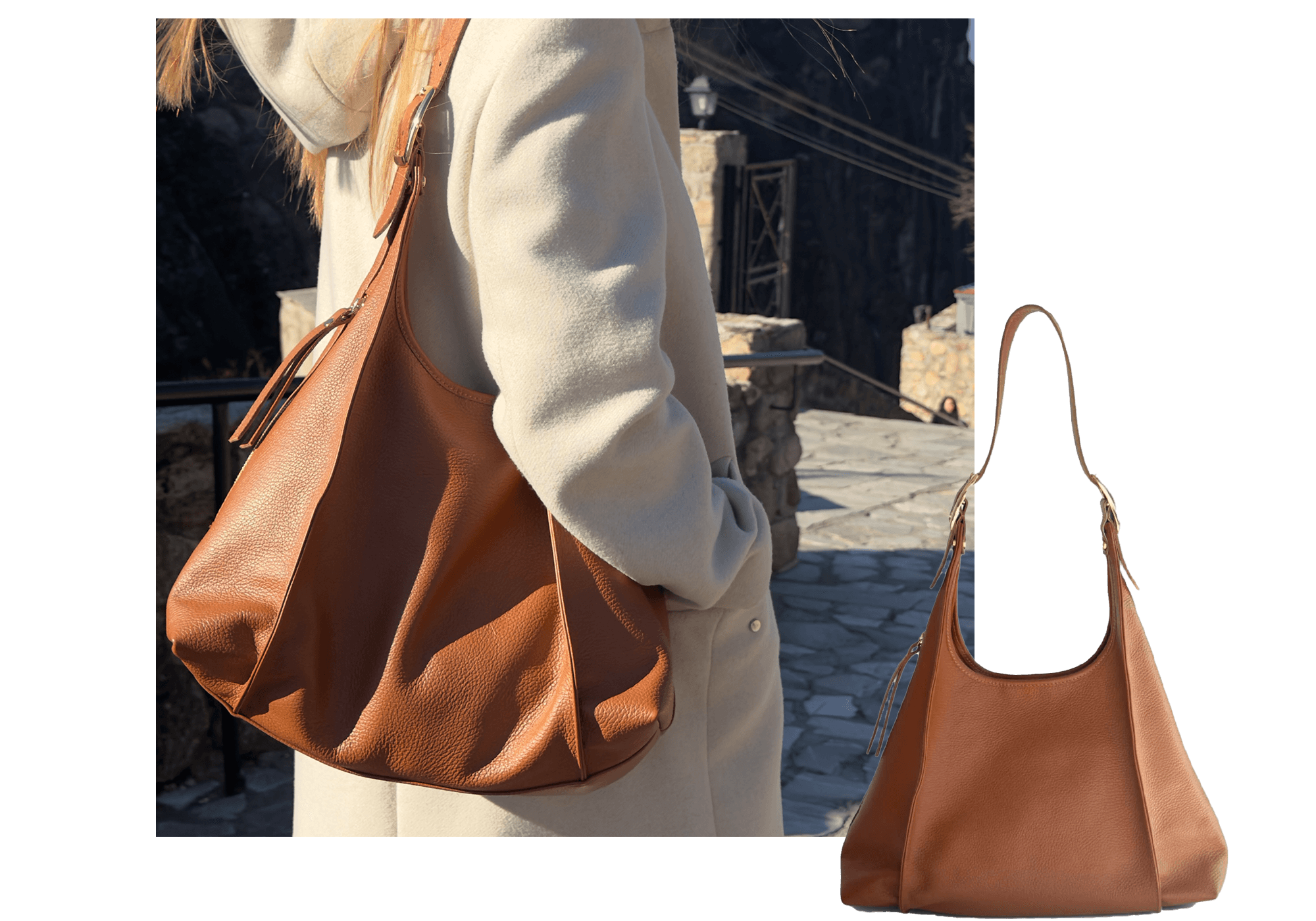 Tan leather handbag held by a person with a blurred background