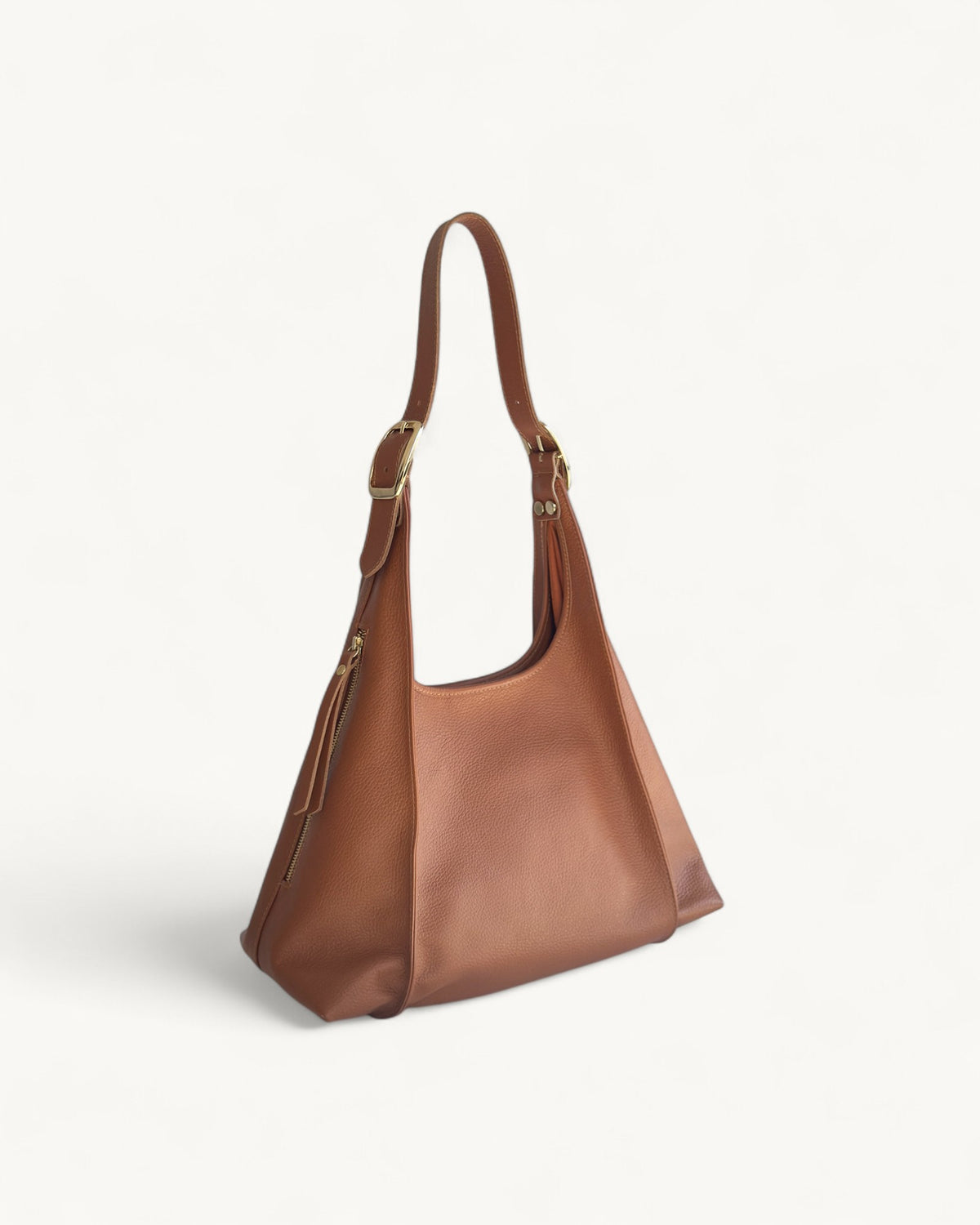 Tan Leather Shoulder Bag – Slouchy Hobo with Zipper Pocket