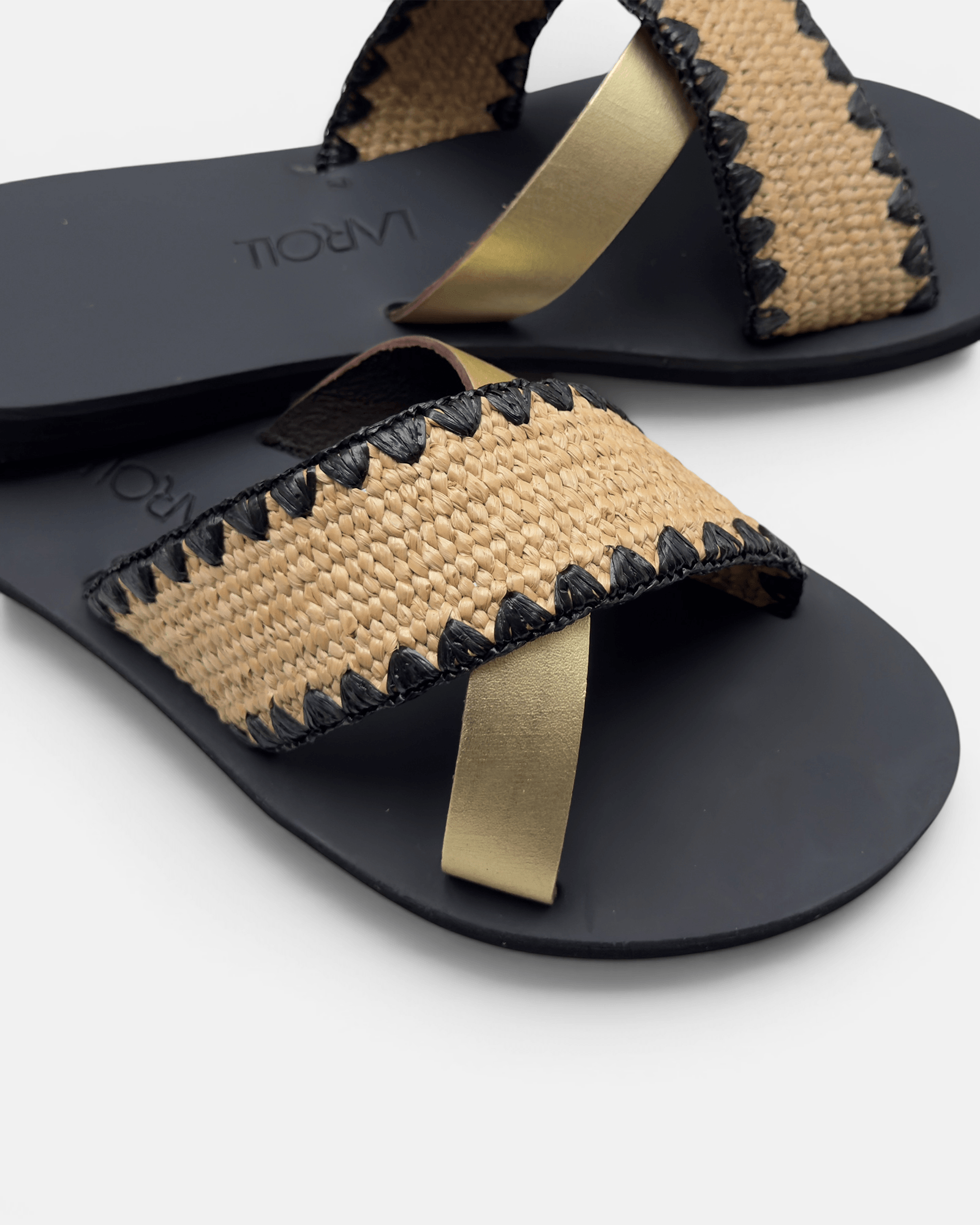 Noma Raffia Slides with Gold Metallic Leather