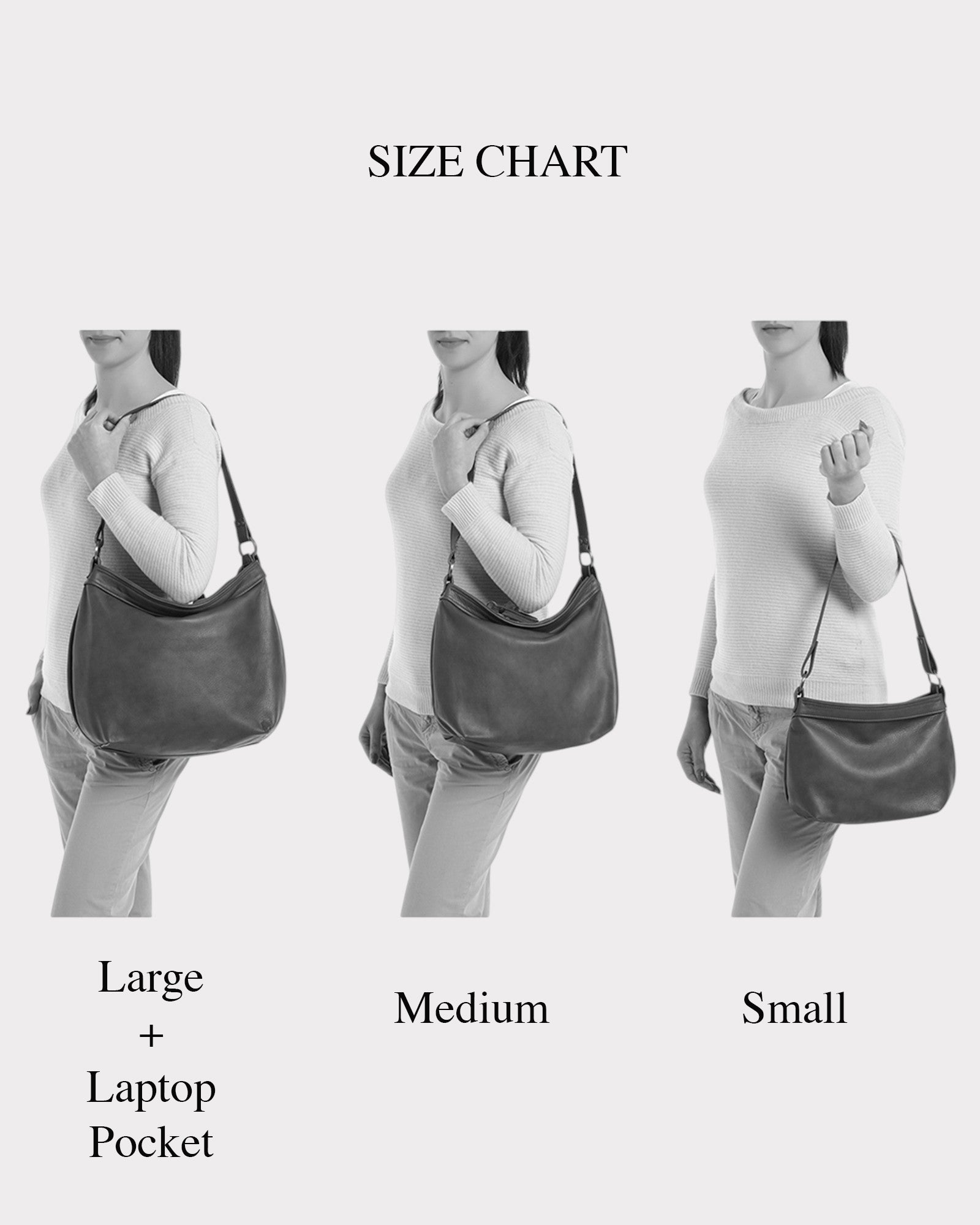 Size chart showing a large, medium, and small bag on a person against a white background.