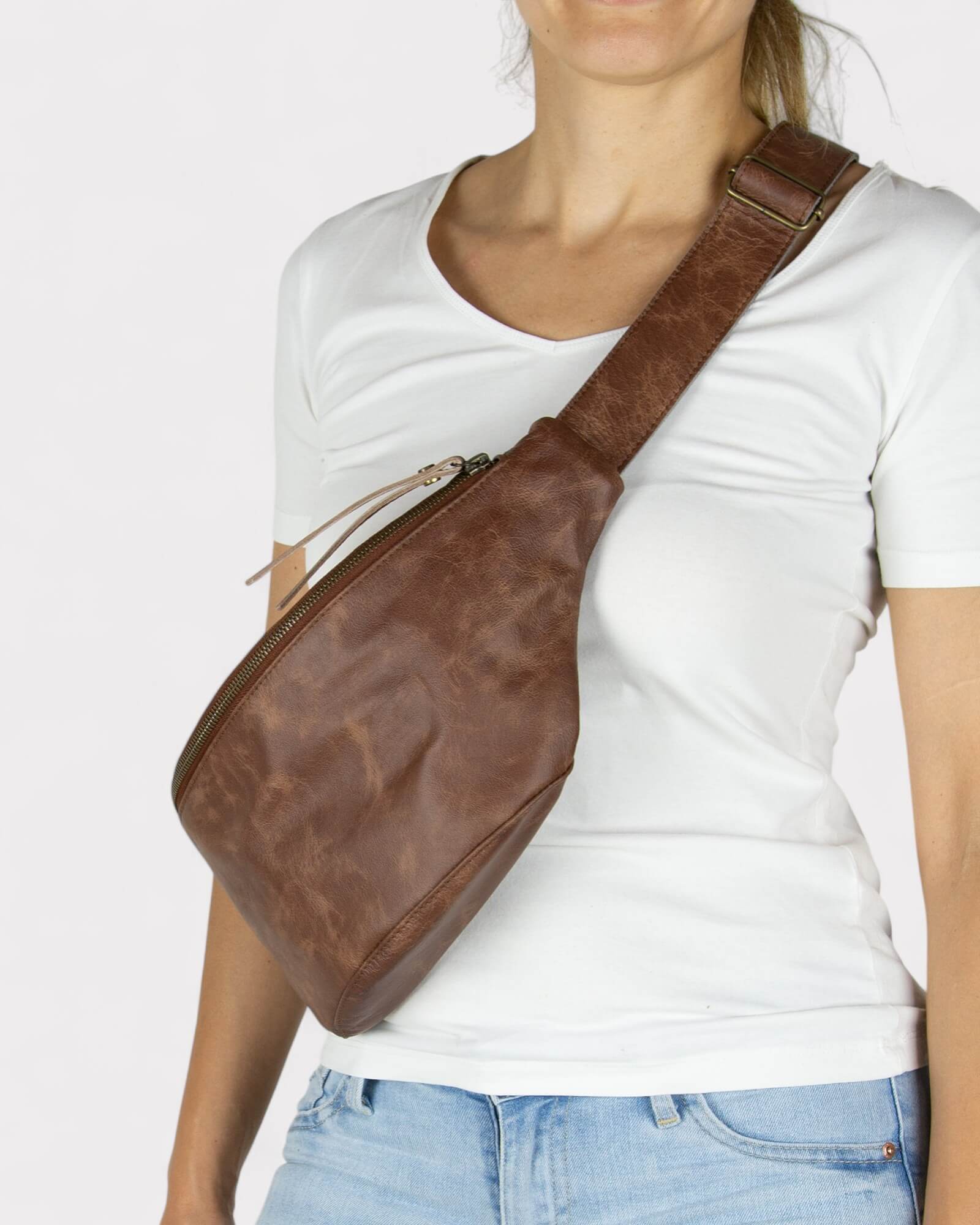 Medium Brown Distressed Leather Sling Bag - Unisex Fanny Pack