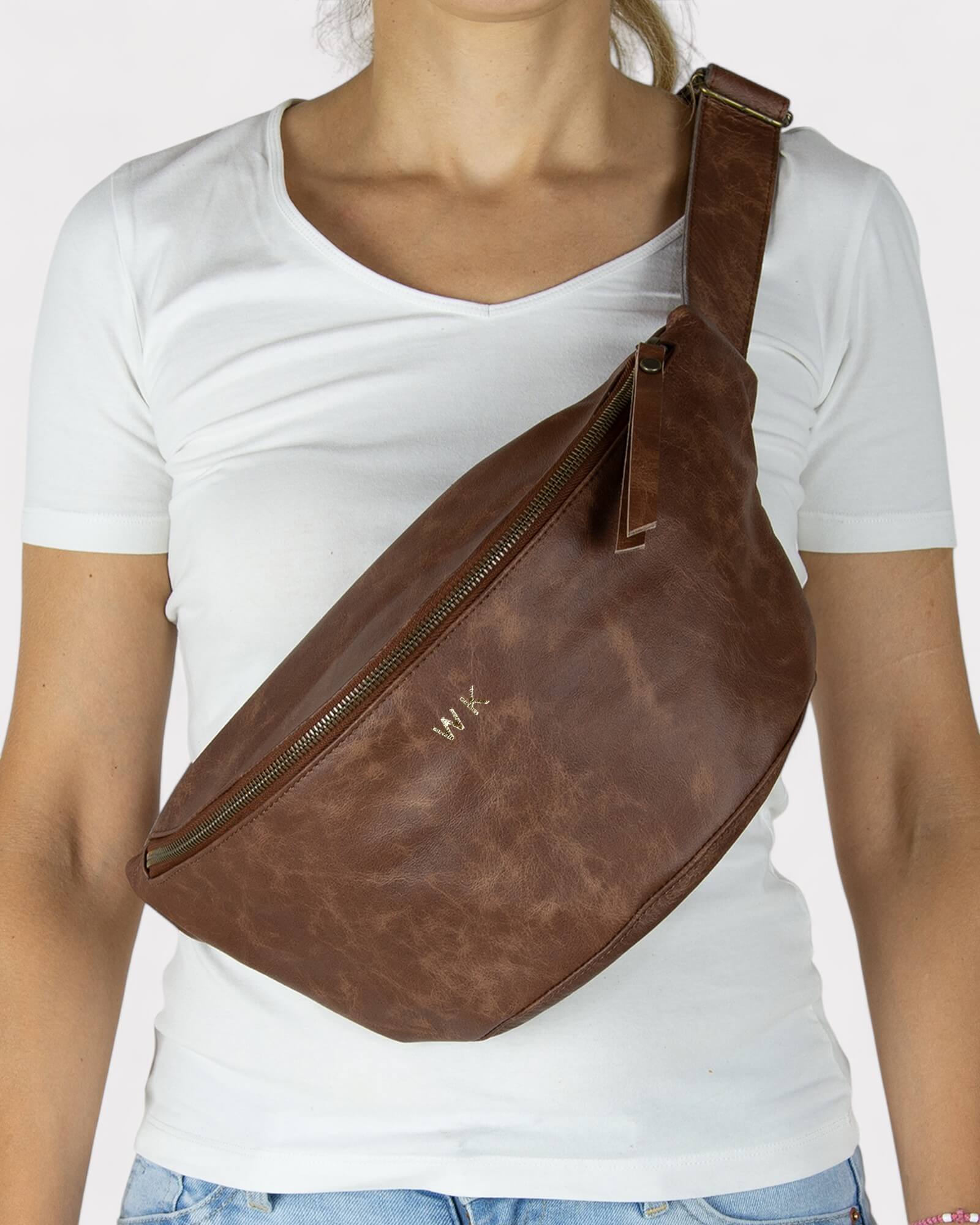 Medium Brown Distressed Leather Sling Bag - Unisex Fanny Pack