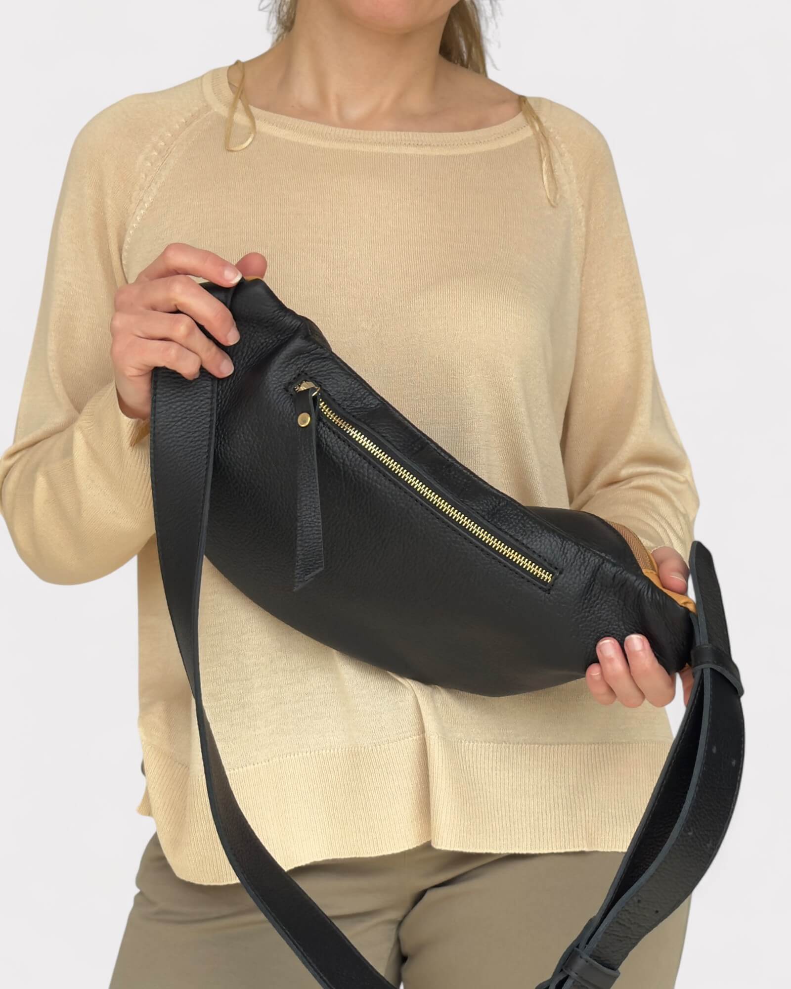Black and Tan Leather Sling Bag - Soft Crossbody Fanny Pack
