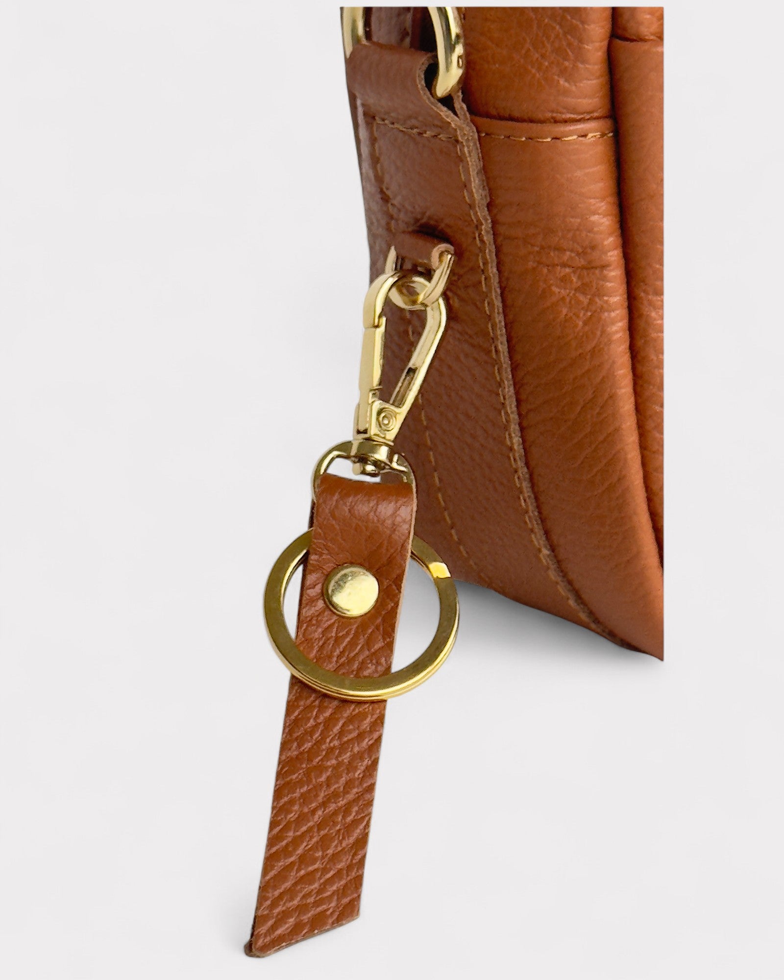 keyfob of tan camera bag