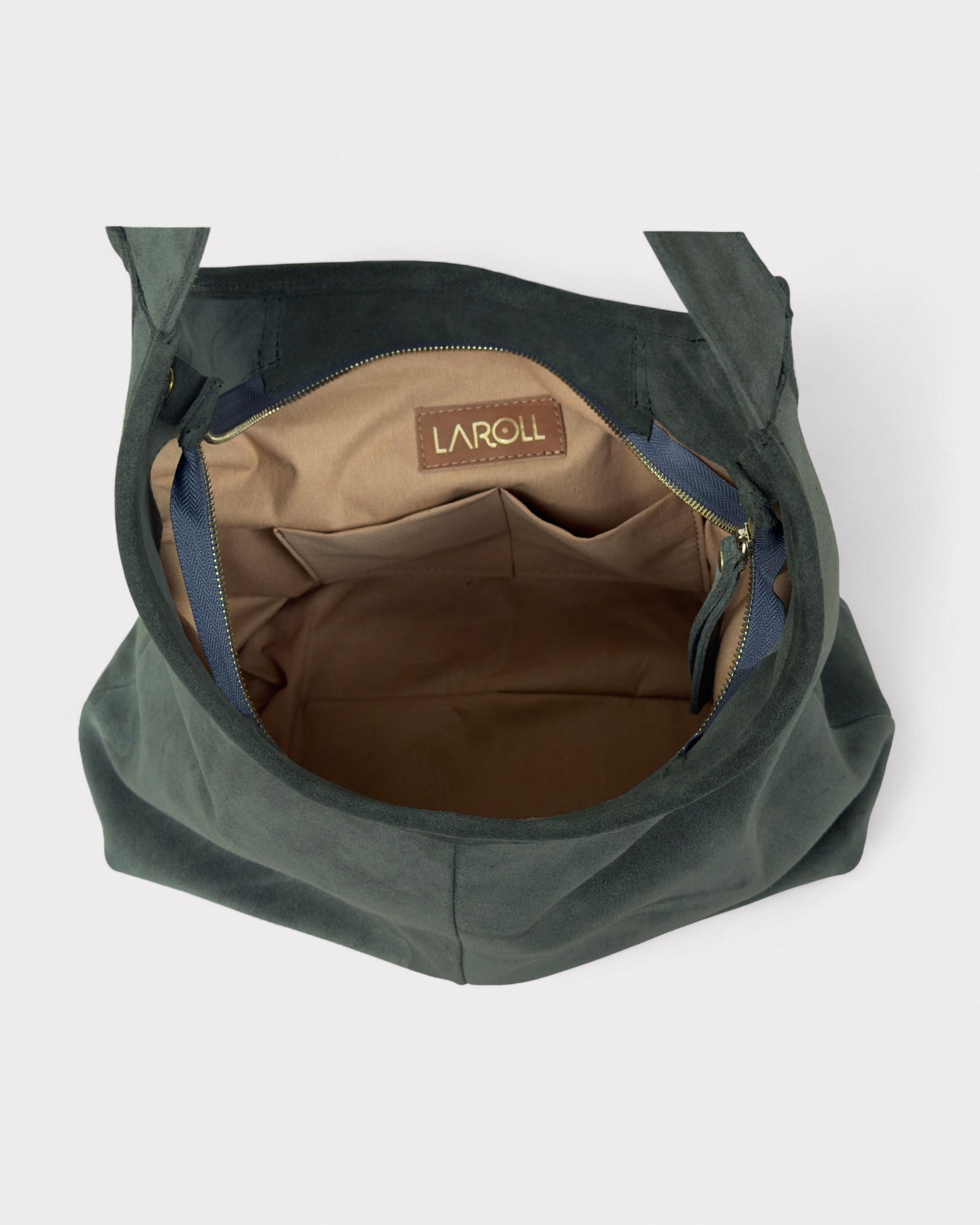 Green bag with brown interior and visible Larcom brand logo on a white background