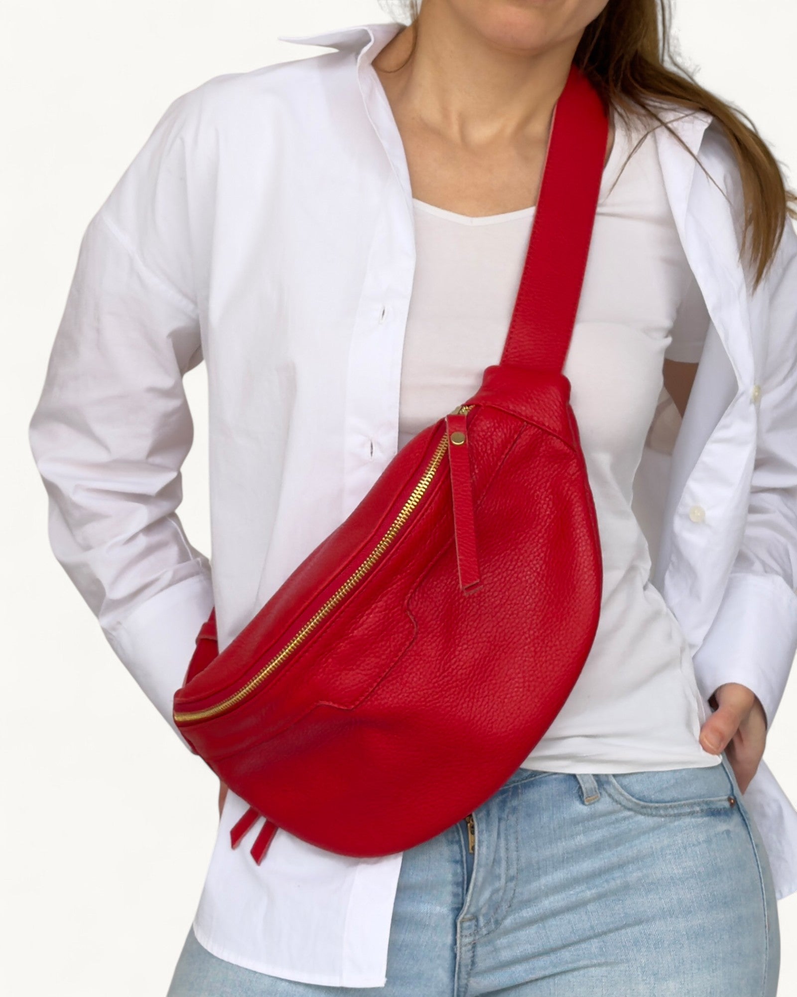 Sac bandoulière en cuir rouge de taille moyenne - Sac banane souple