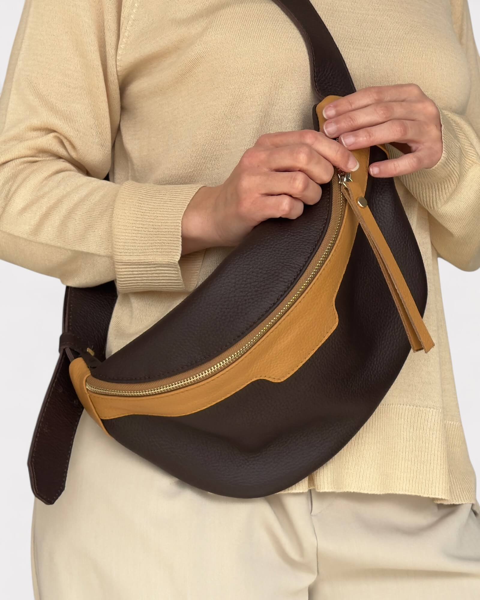 Brown and Tan Leather Sling Bag - Soft Crossbody Fanny Pack