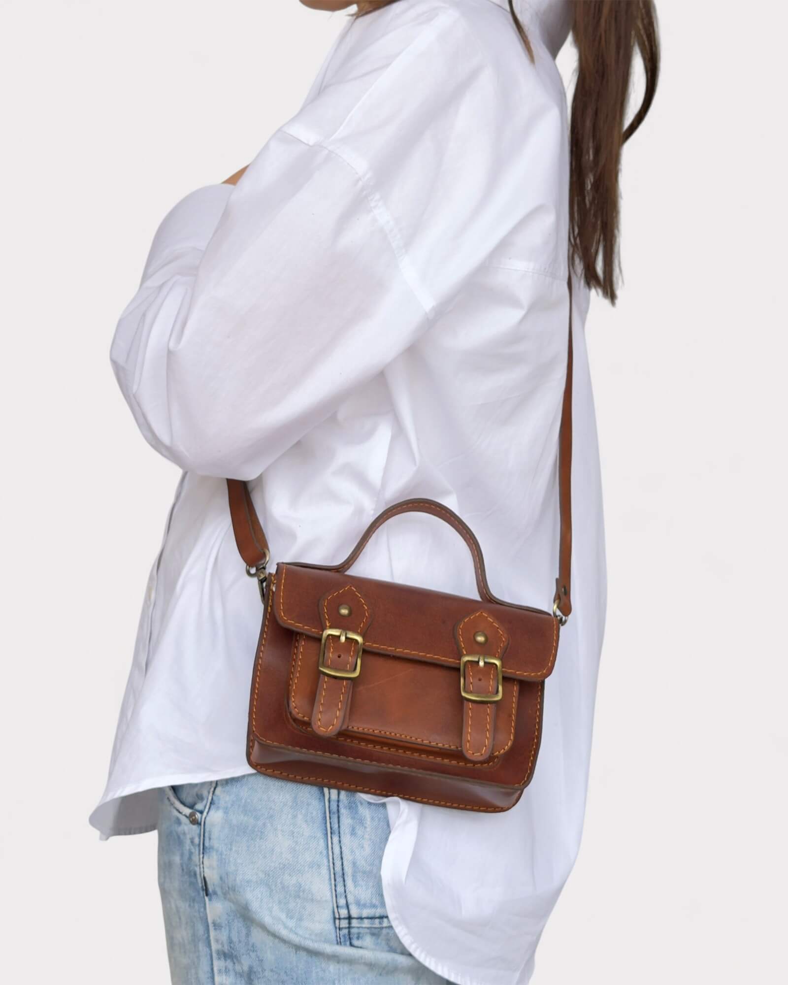 Mini Brown Leather Satchel – Handmade Crossbody Bag