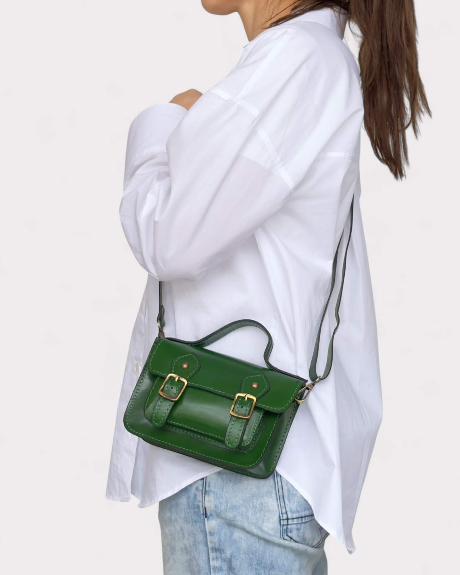 Mini Green Leather Satchel – Handmade Crossbody Bag