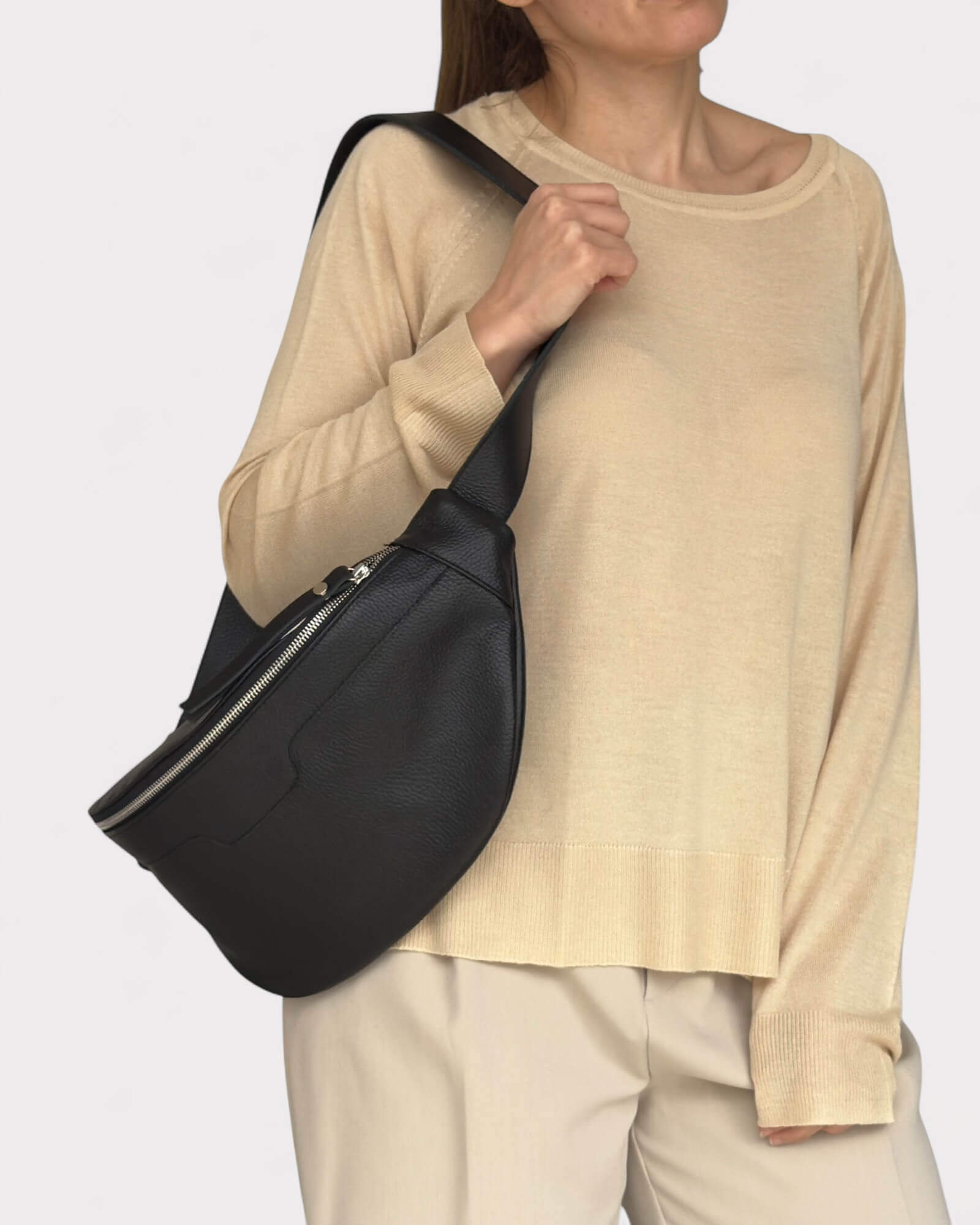 Medium Black Leather Sling Bag - Slouchy Crossbody Fanny Pack