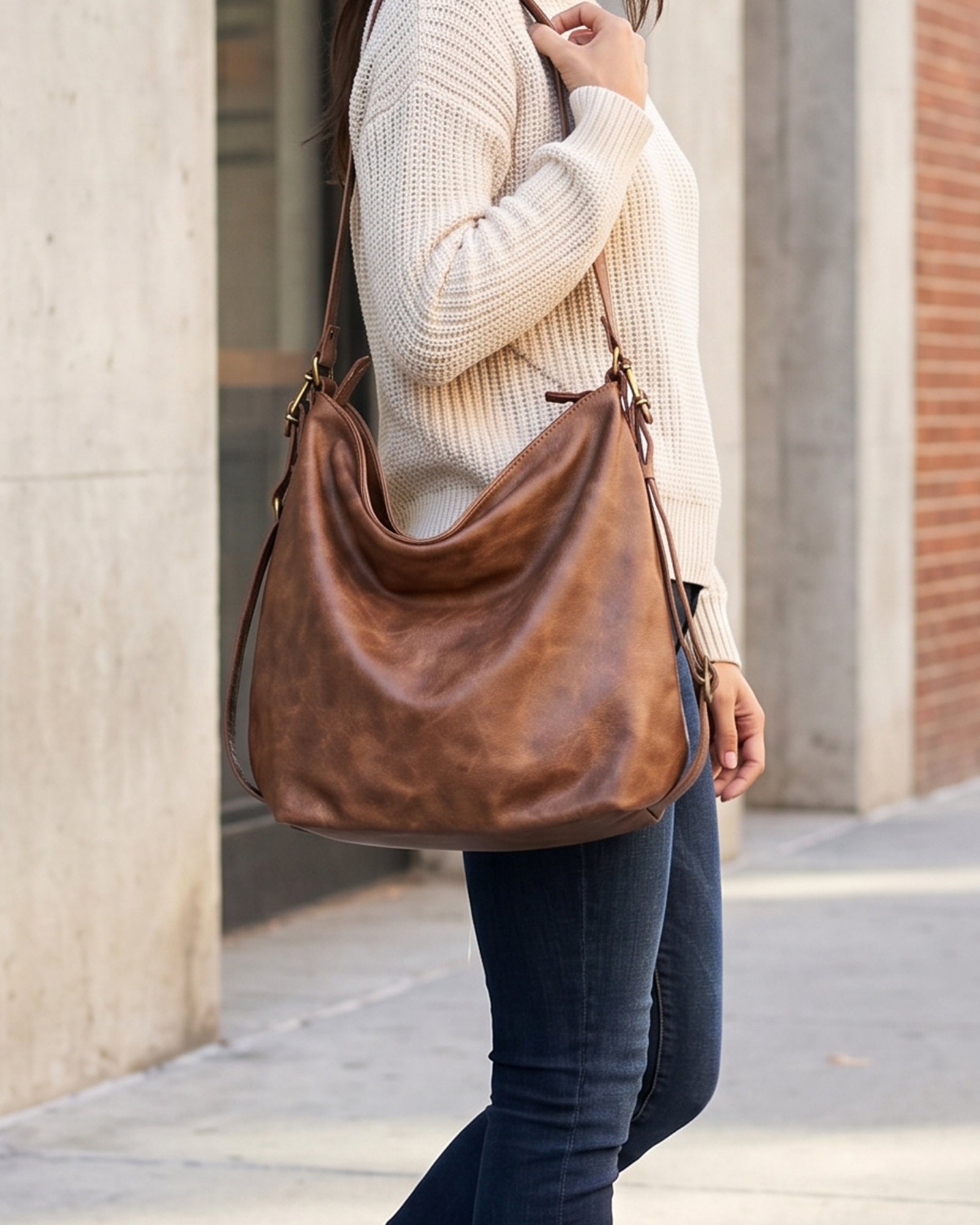 Brown Convertible Leather Hobo  Bag – 3-in-1 Shoulder, Backpack & Crossbody