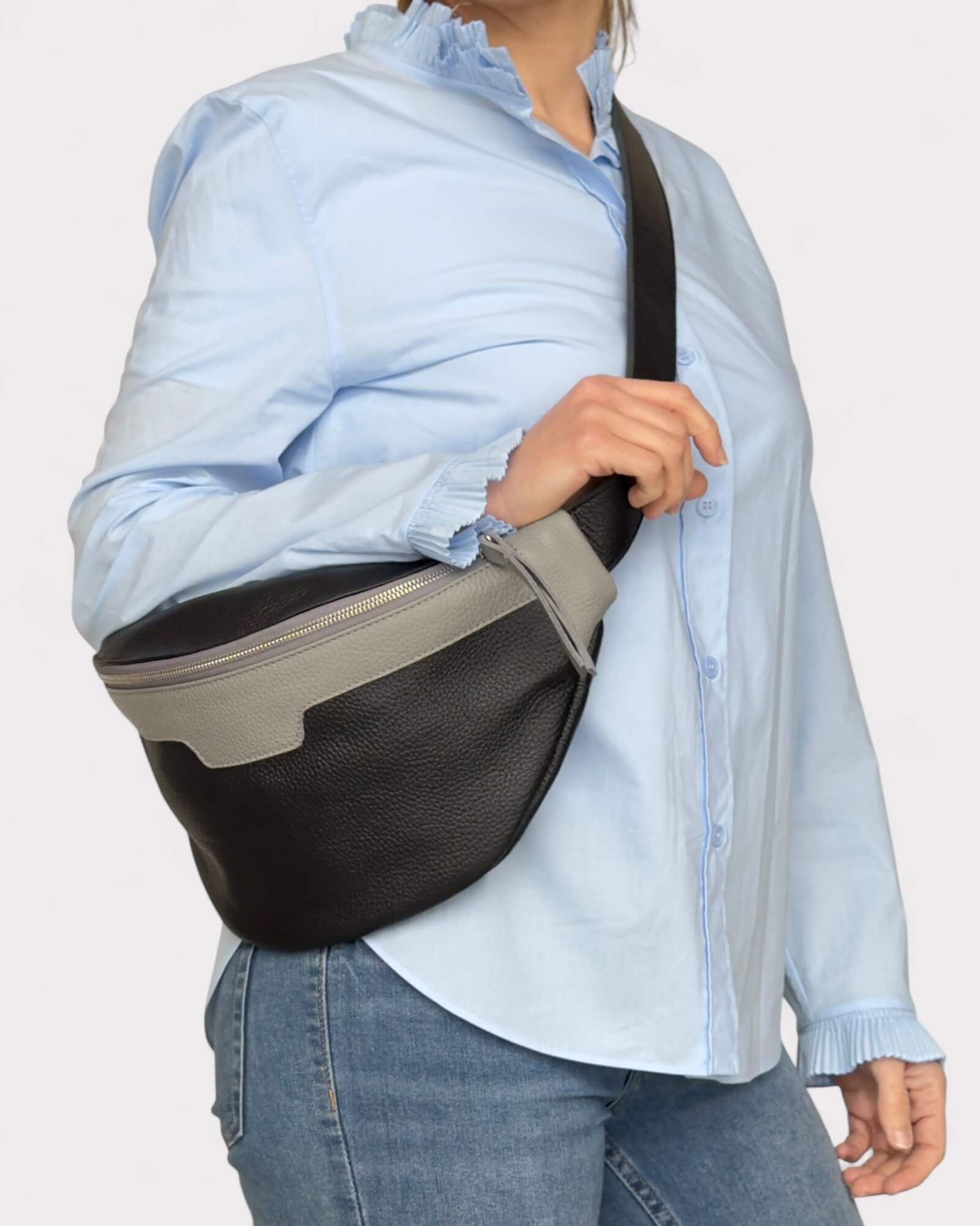 Black and Grey Leather Sling Bag - Soft Crossbody Fanny Pack