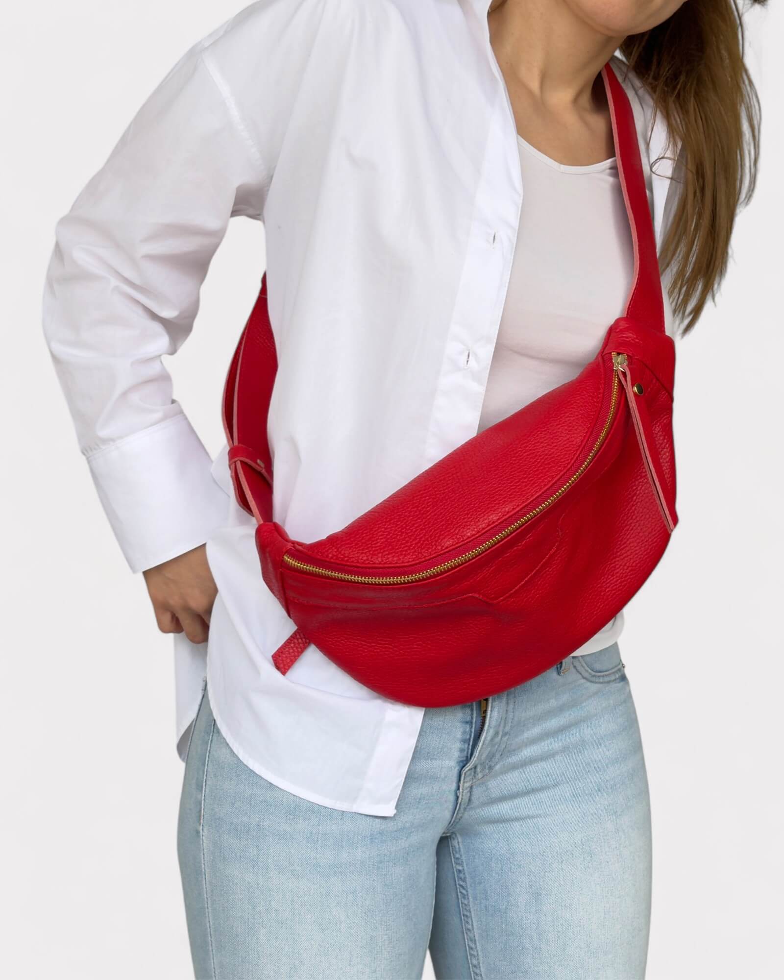 Medium Red Leather Sling Bag - Slouchy Crossbody Fanny Pack