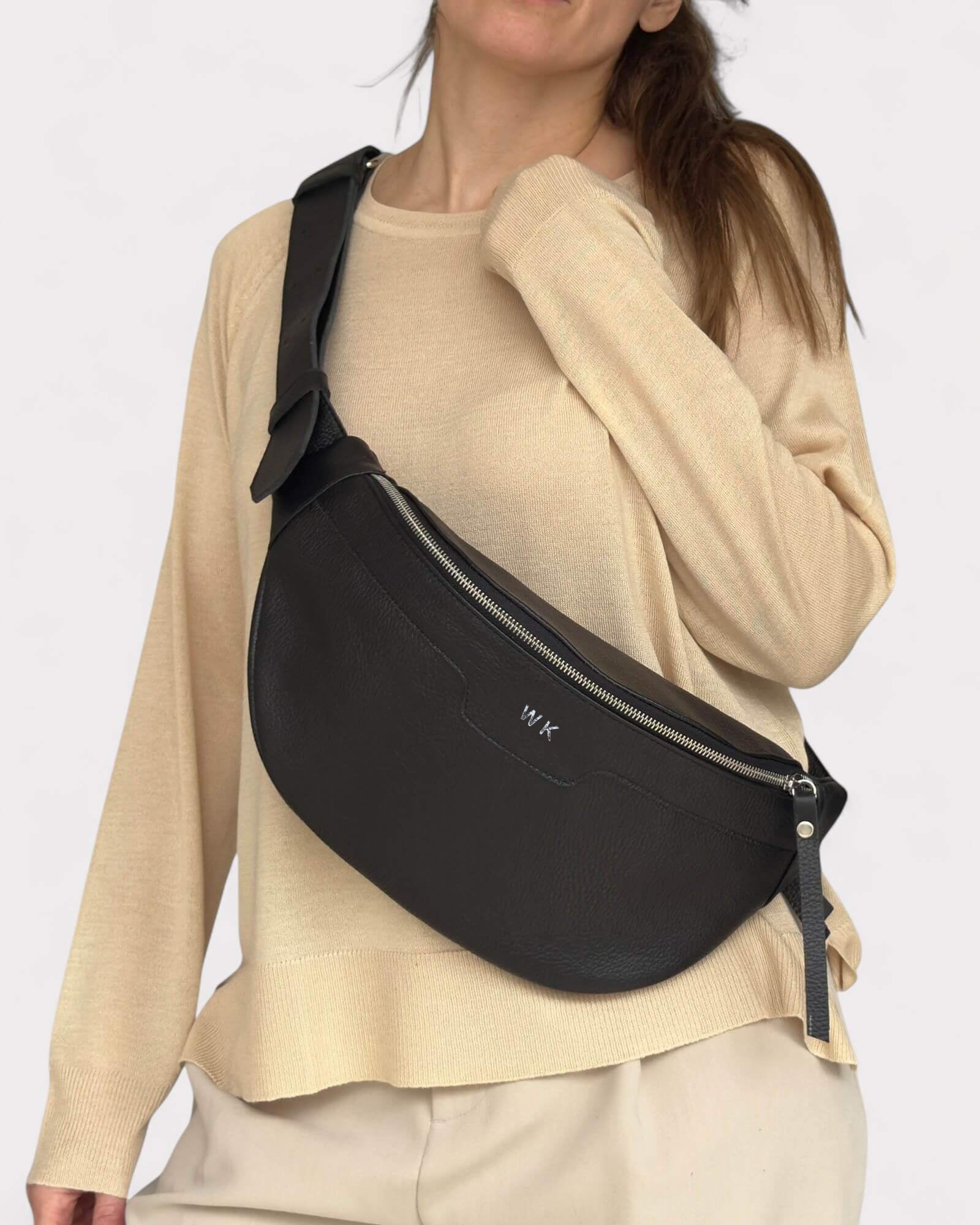 Medium Black Leather Sling Bag - Slouchy Crossbody Fanny Pack