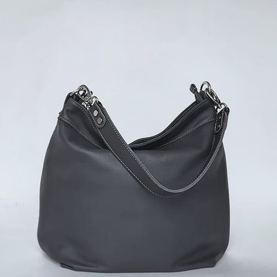 video of charcoal grey leather bag