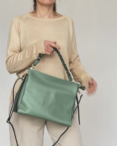 video of square braided shoulder bag in sage