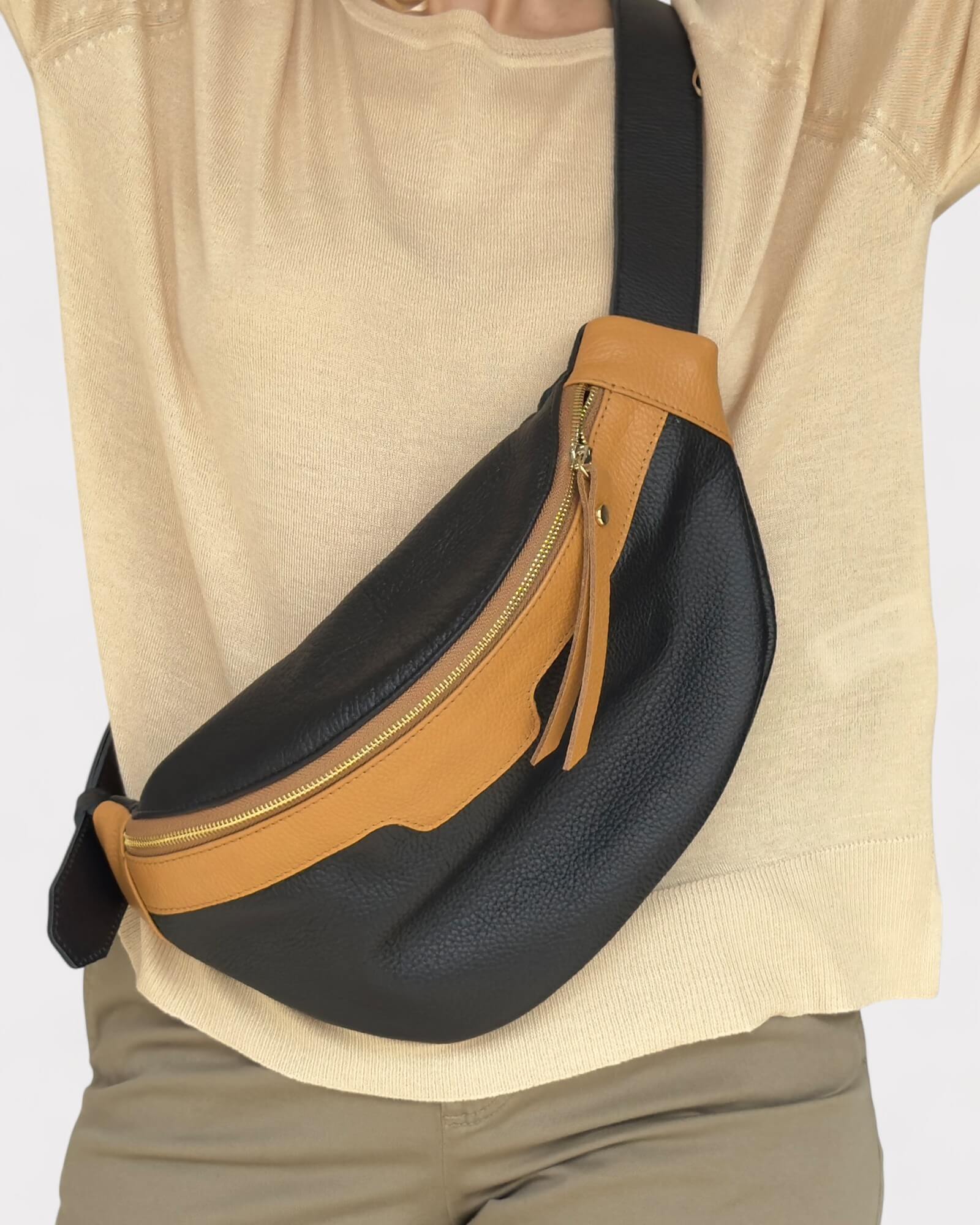 Black and Tan Leather Sling Bag - Soft Crossbody Fanny Pack