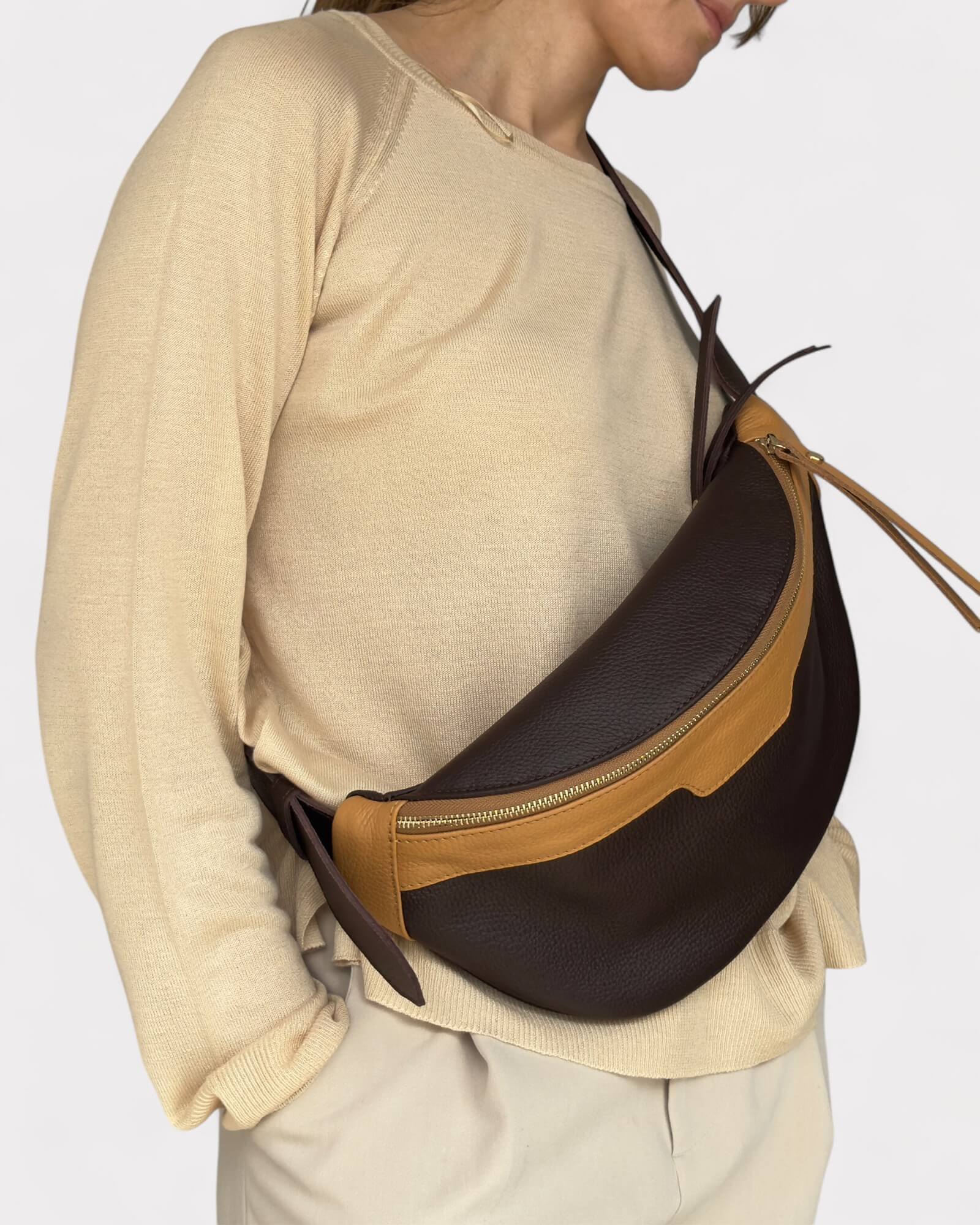 Brown and Tan Leather Sling Bag - Soft Crossbody Fanny Pack