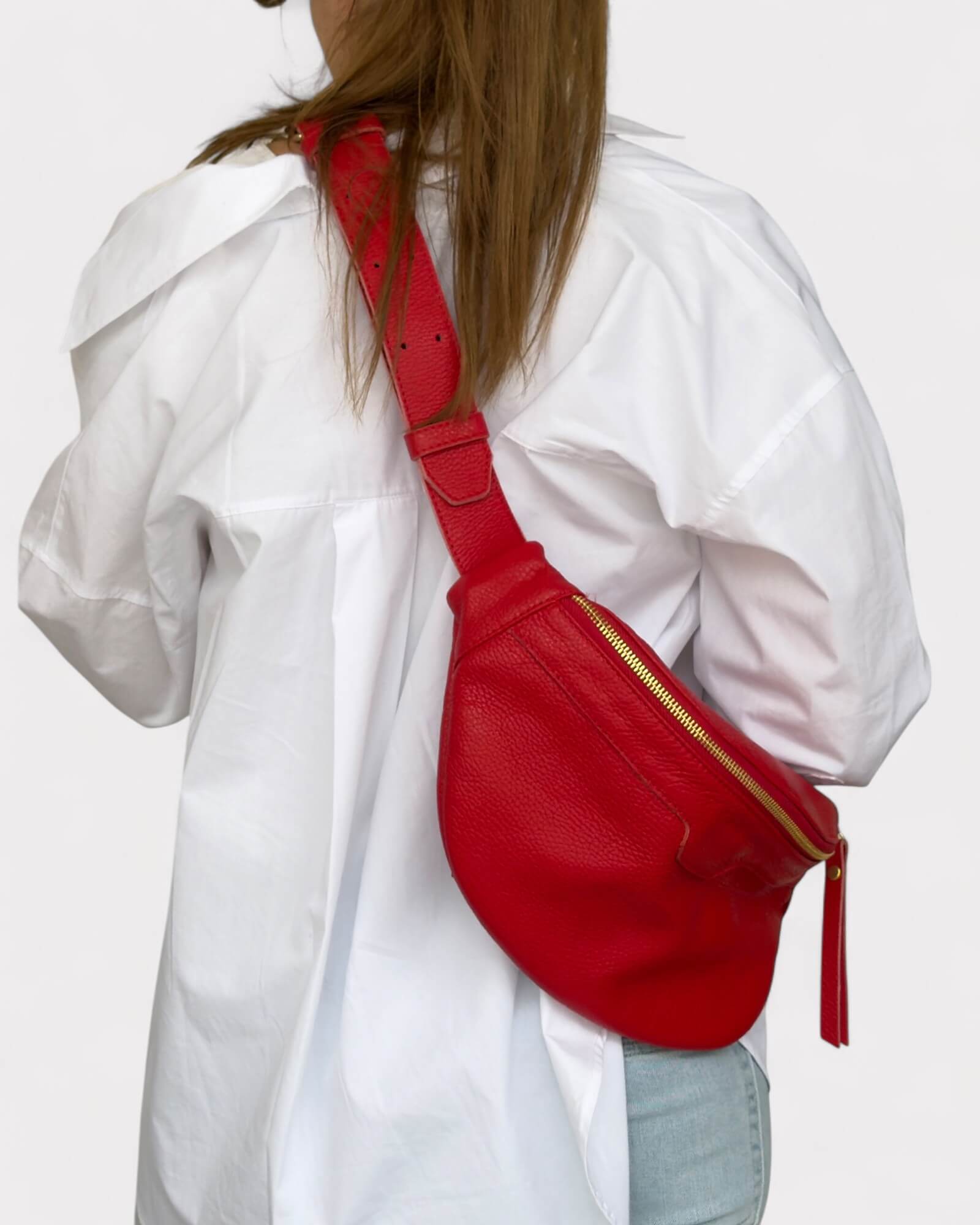 Medium Red Leather Sling Bag - Slouchy Crossbody Fanny Pack