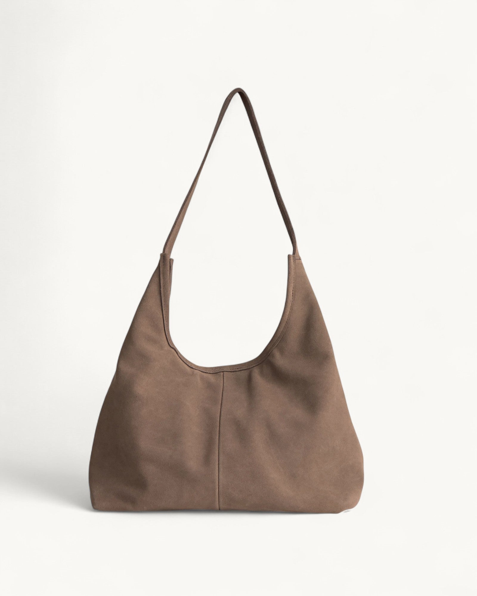 Taupe leather handbag on a white background