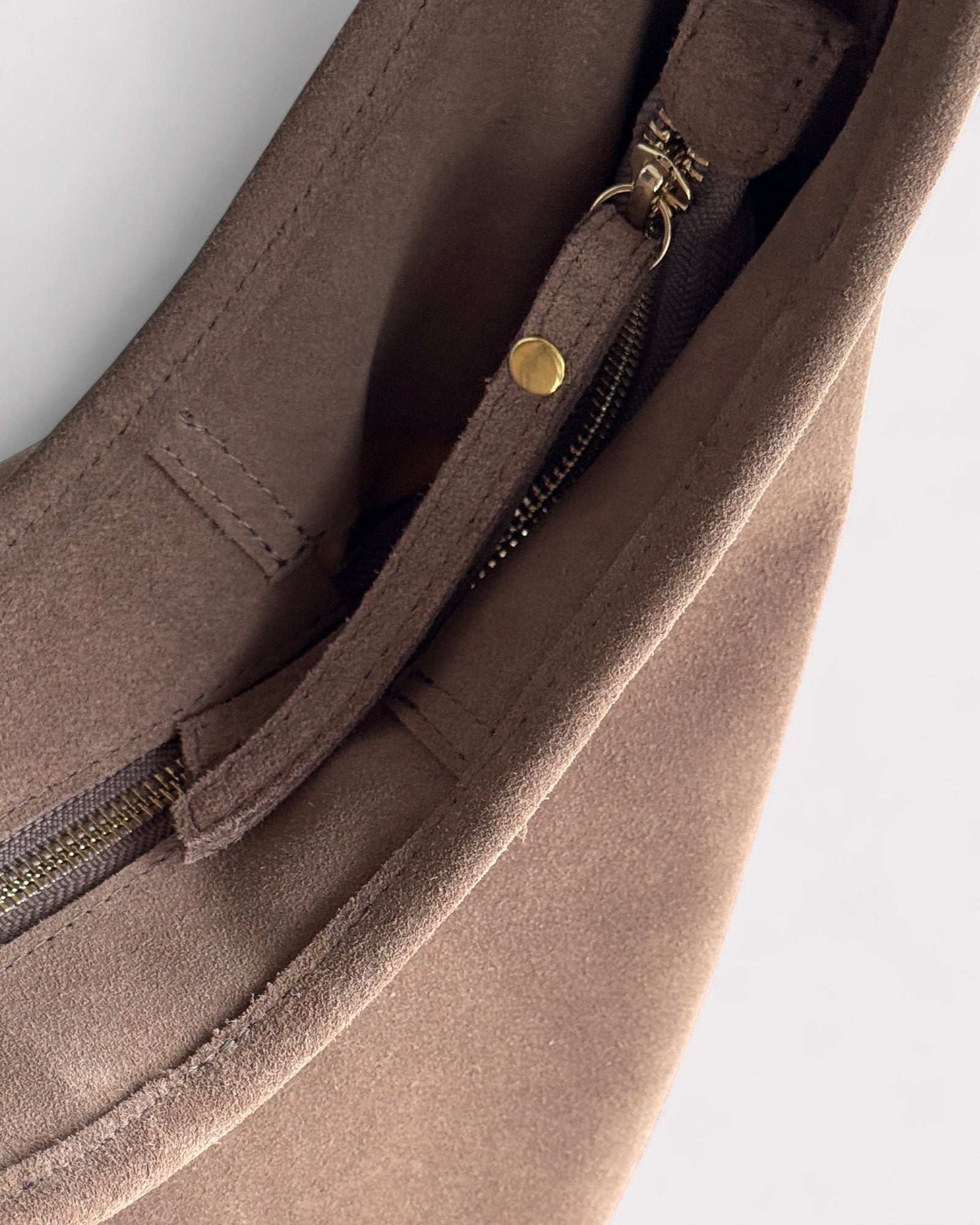 top zipper taupe suede shoulder bag